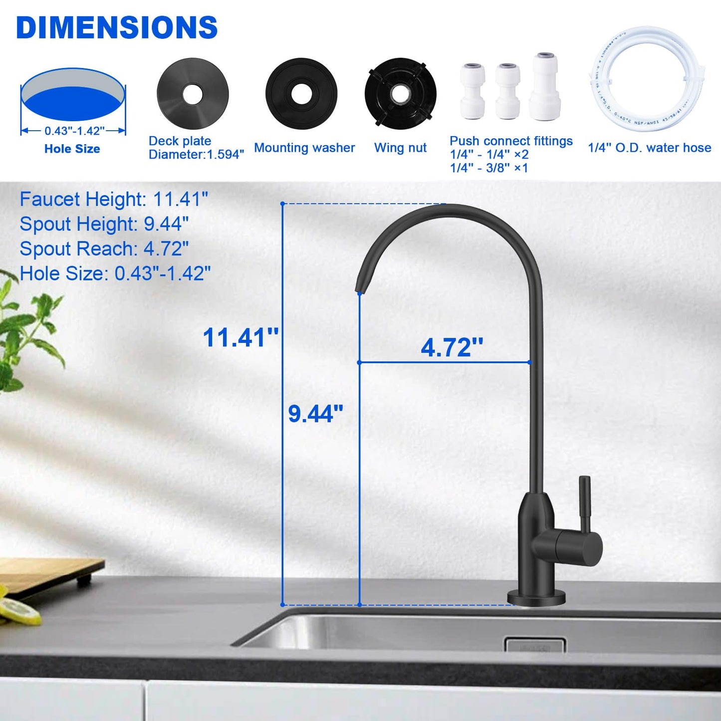 Drinking Water Faucet - Long Thread Stem Filtered Water Tap for Thick Countertop,Lead-Free RO Faucet with Hose and Push Connect Fittings(Matte Black)