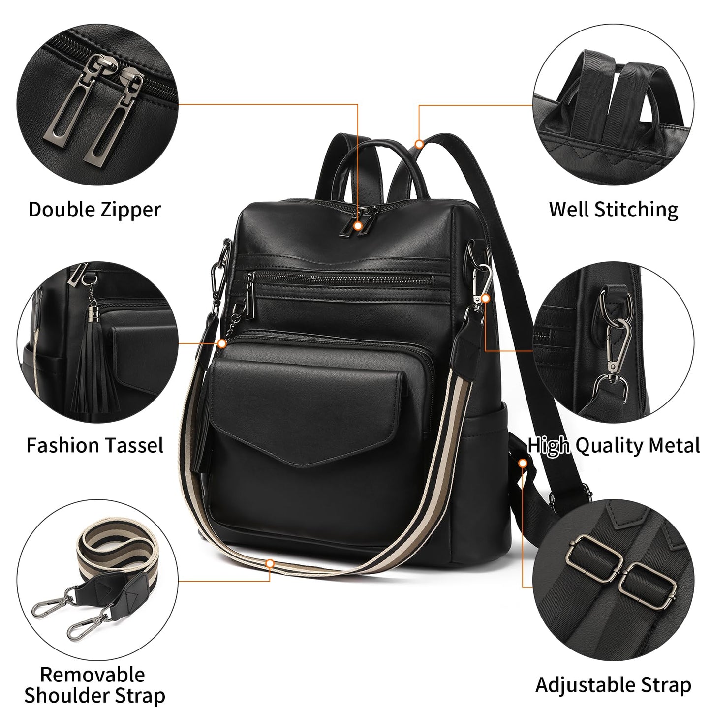 GAEKEAO Backpack Purse for Women Fashion Leather Designer Travel Backpack Purses Convertible Shoulder Bag with Wristlet