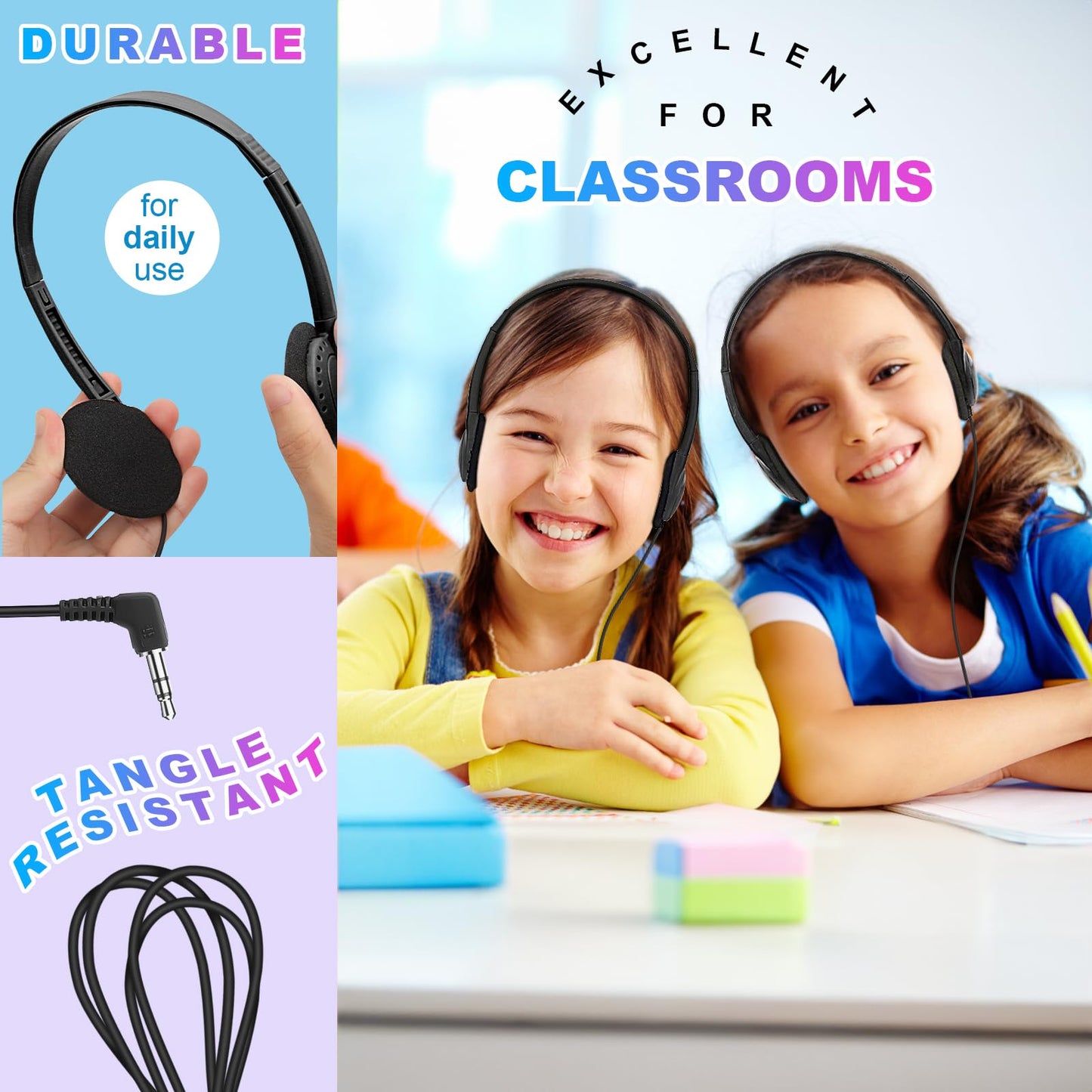 Wensdo Classroom Headphones Bulk 25 Pack for Kids School Students, Wholesale Wired Durable Earphones Class Set for Children Toddler Boys Girls Teens Adult (HY103, 25 Black)