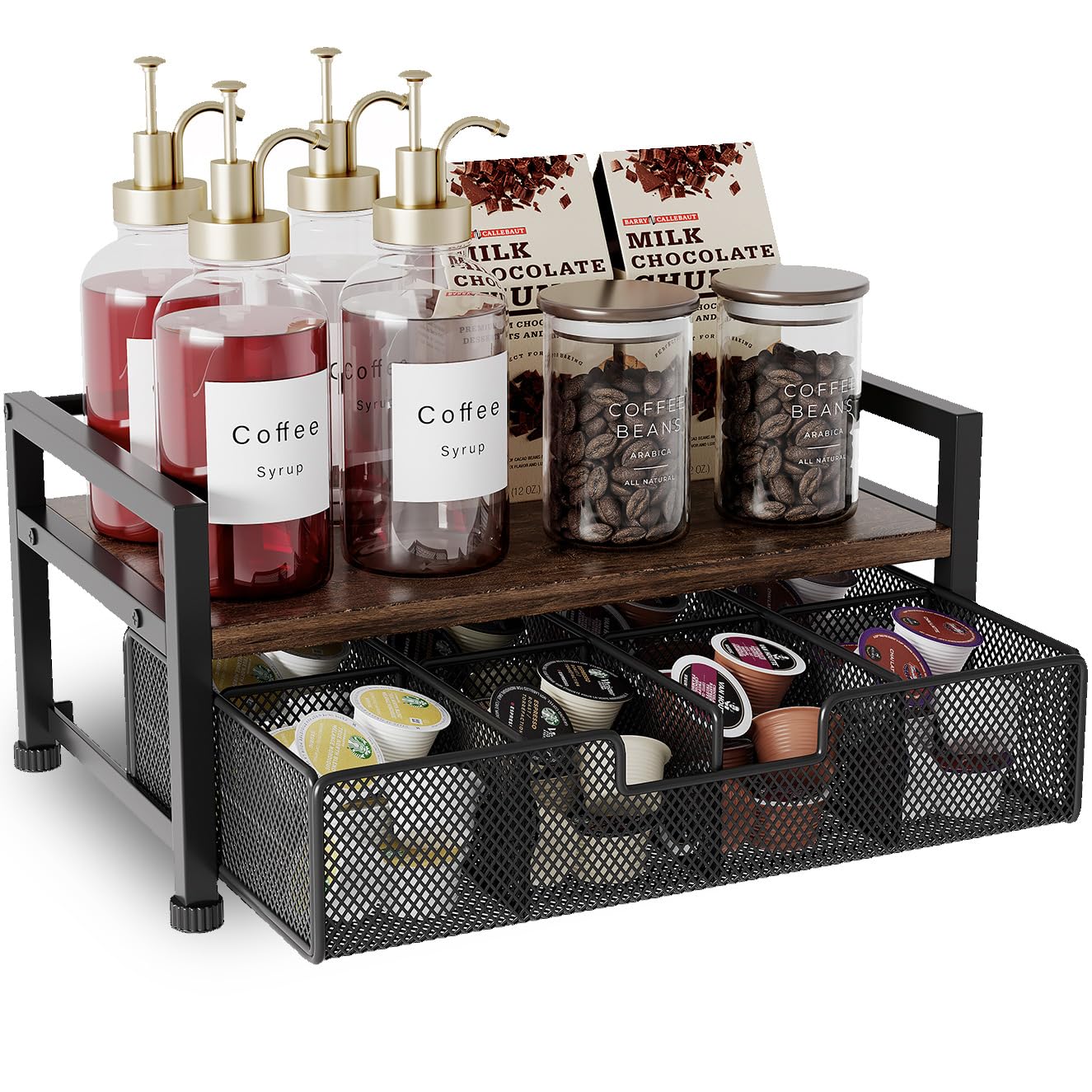 Metal Tea Bag Box Organizer Storage, Tea Bag Holder Organizer Caddy with Drawer,Tea Station Chest Container Accessories,Black (2 Tier)