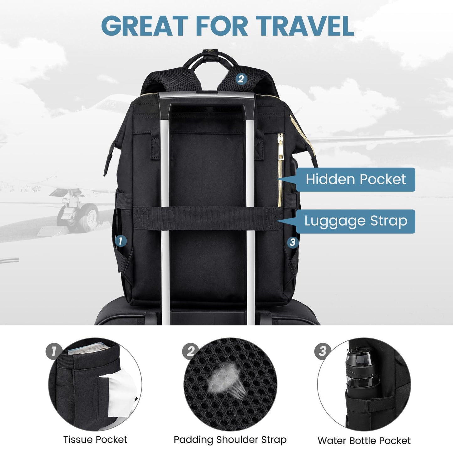 LOVEVOOK Laptop Backpack Women, 15.6 Inch Work Backpack Woman for Teacher Nurse Bags, Computer College Backpack Purse, Waterproof Anti-theft Travel Back Pack with USB Charging Port, Black