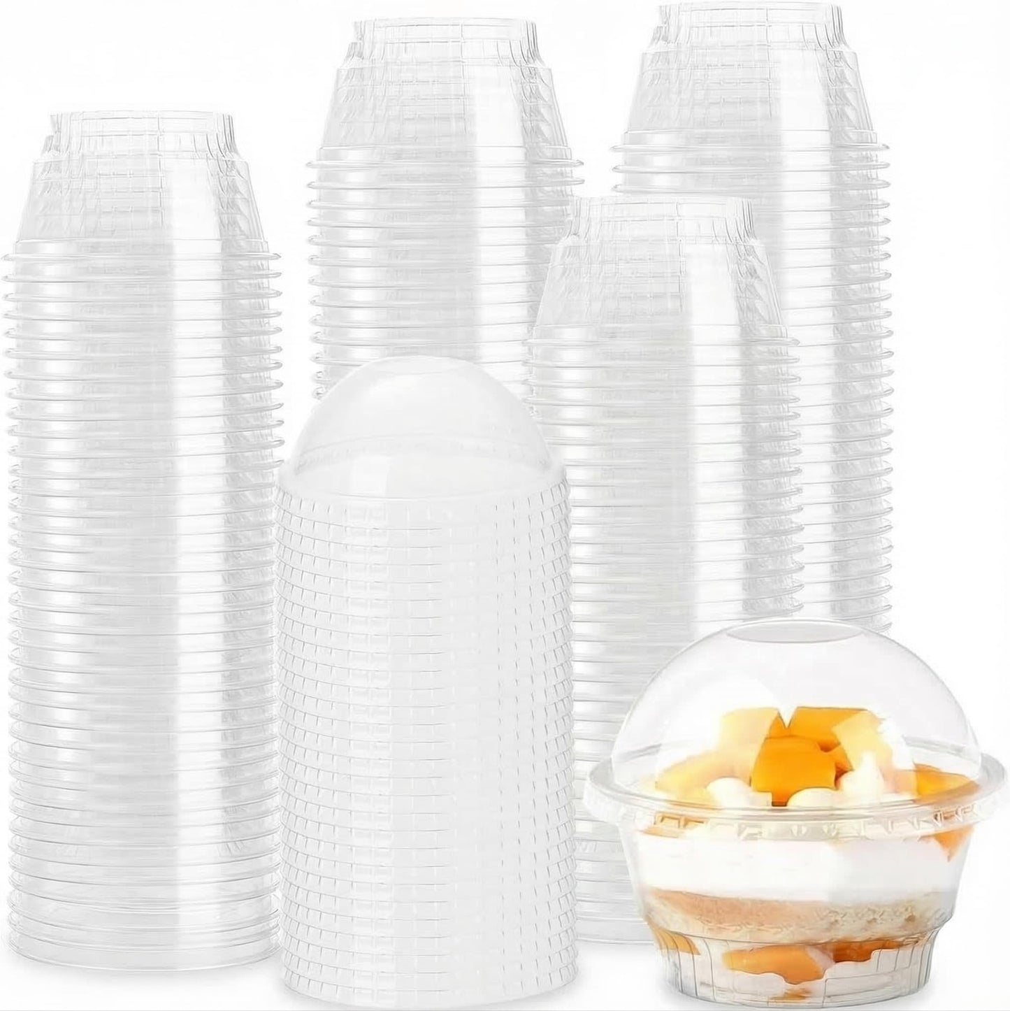 Lyellfe 100 Pack Dessert Cups with Dome Lids, 5 oz Clear Plastic Cup, Ice Cream Cups for Take Away Food Dessert Cupcake and Fruit