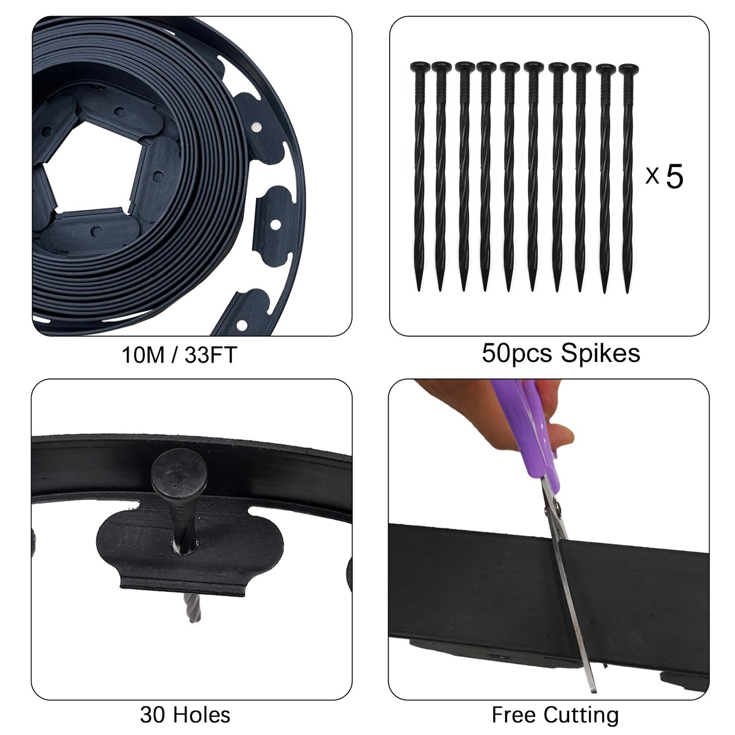 Garden Edging 33FT, 2IN Tall Landscape Edging Borders, Flexible Lawn Edging Kit Plastic Garden Edge Roll with 30pcs Spikes for Flower Beds Surrounds, Paver Edging, Grass, Yard, Black