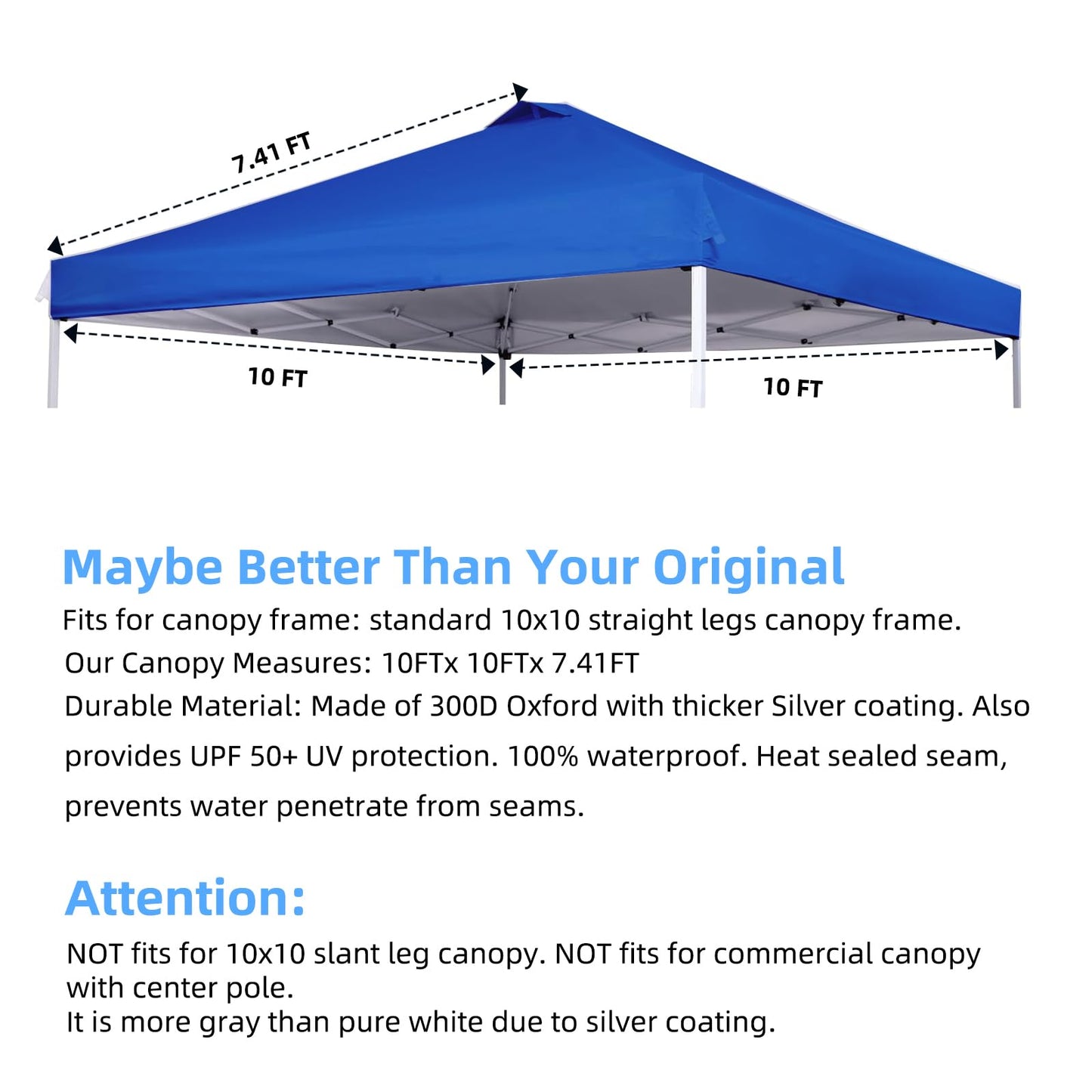 10x10 Canopy Replacement Top for Straight Leg, Pop-up Canopy Tent Replacement Cover, Waterproof Instant Canopy Top Cover with Rope for Garden, Picnic, Camping(Blue)