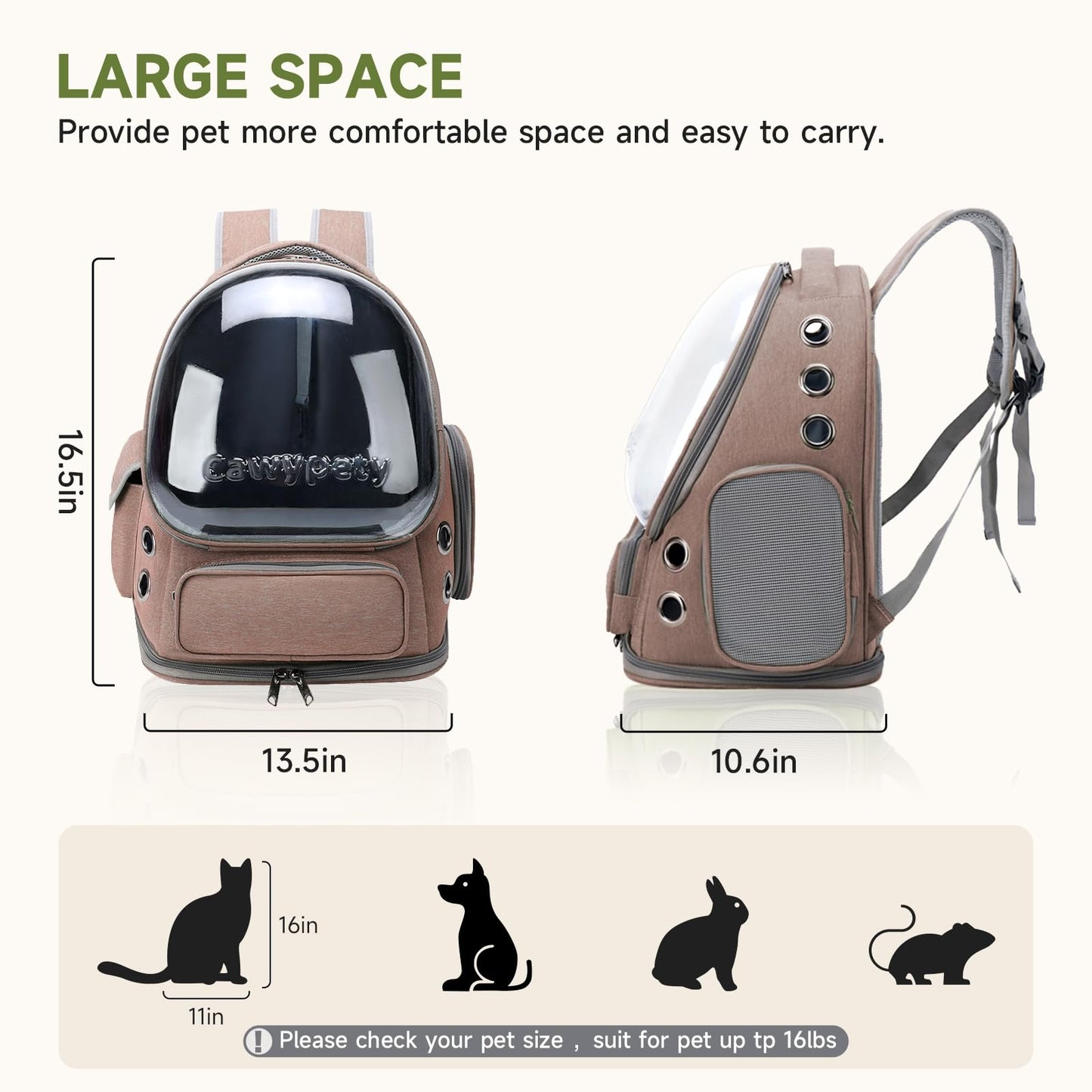 Cawypety Cat Carrier, Cat Backpack Carrier, Large Bubble Backpack for Under 15 lbs, Dog and Small Pet, Breathable Cat Bag Carrier Used in Travel, Car, Pet Carrier (Khaki)