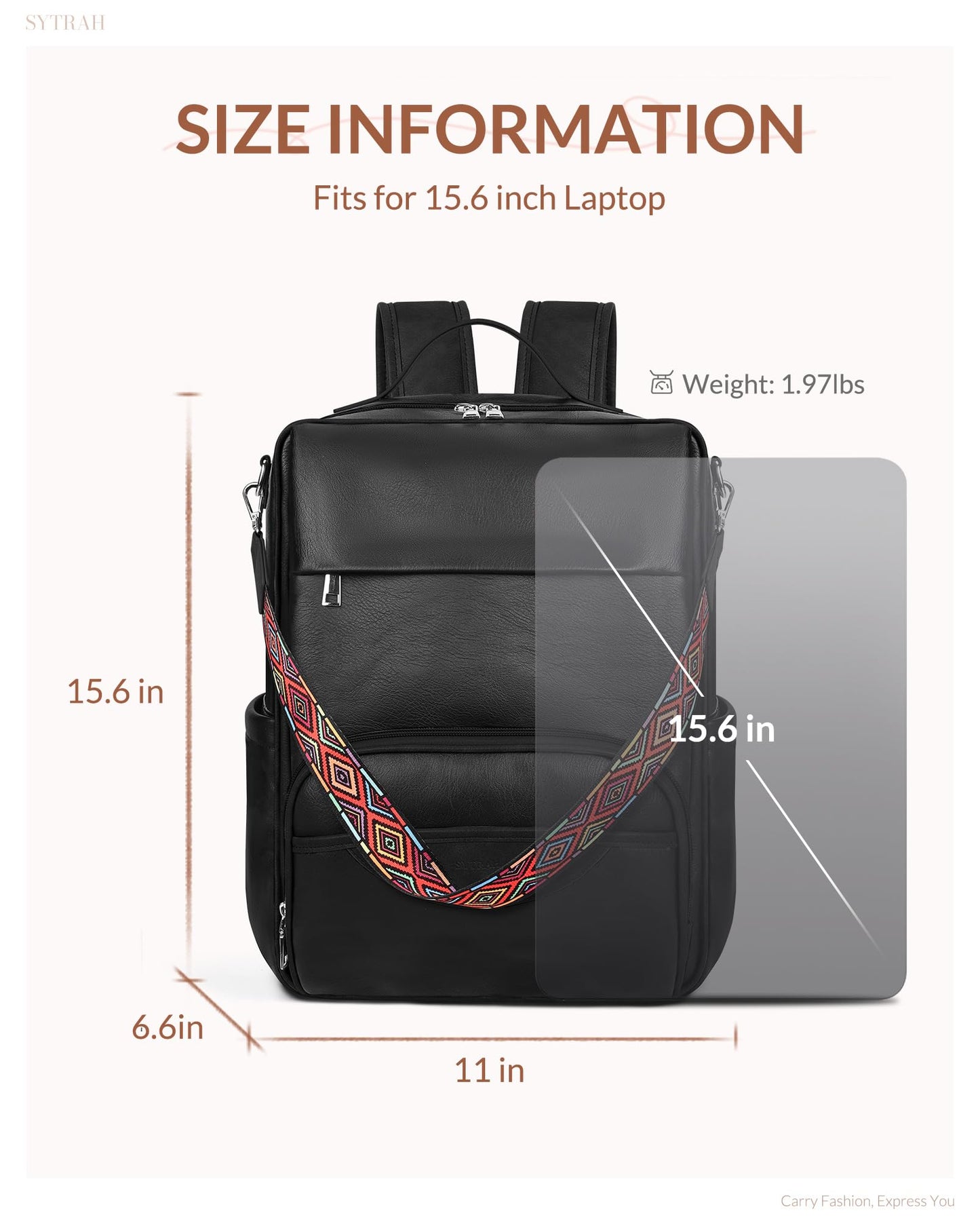 SYTRAH Leather Laptop Backpack, 15.6 Inch Business Computer Bag, Designer College Backpack Travel Backpack with Colorful Shoulder Bag Strap Black