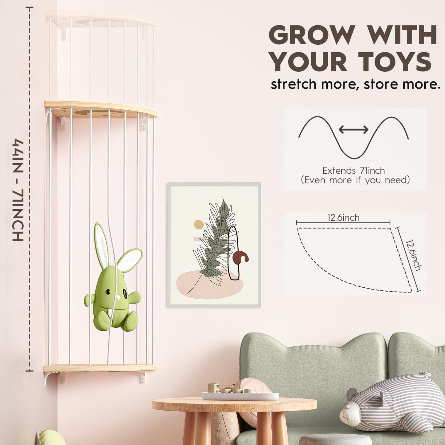 Zayysoha Stuffed Animal Storage Wood Corner Toy Plush Storage Hammock Hanging Storage Net, Toy Organizer Shelf for Nursery Playroom Bedroom Kid Room