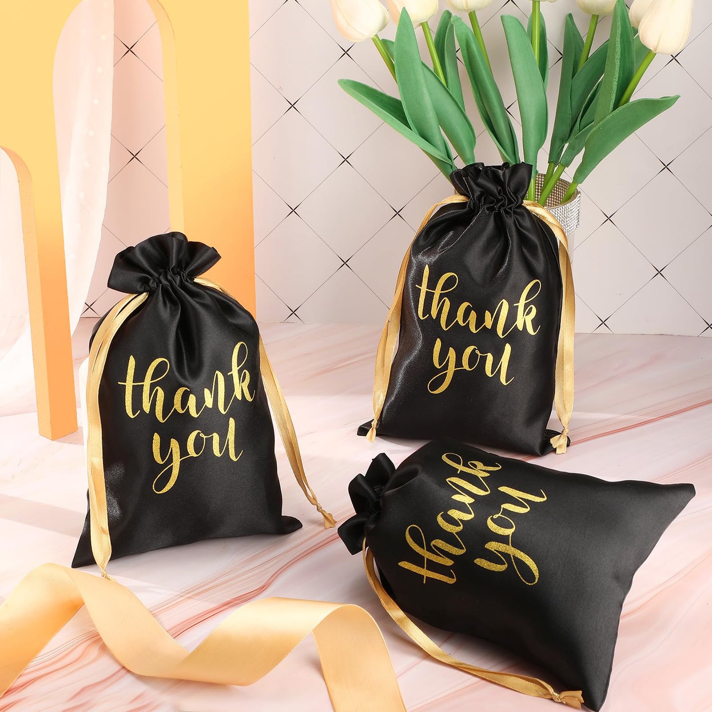 Roowest 100 Pcs Thank You Satin Gift Bags Drawstring Jewelry Candy Pouches for Wedding Bridal Shower Baby Shower Favor Drawstring Bag for Birthday Holiday Party(6 x 9 Inch,Black)