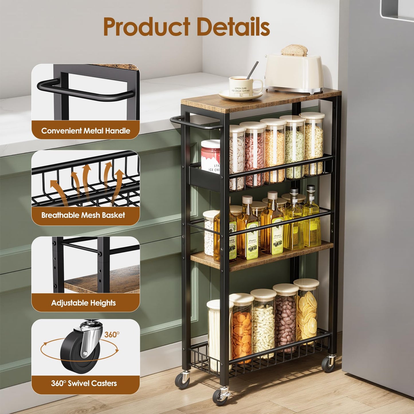 Kssiaz Slim Storage Rolling Cart, 4 Tier Narrow Cart with Wheels, Metal Kitchen Rolling Cart for Small Spaces, Slide Out Storage Shelves for Kitchen, Laundry Room, Bathroom, Living Room, 7.1in(W)