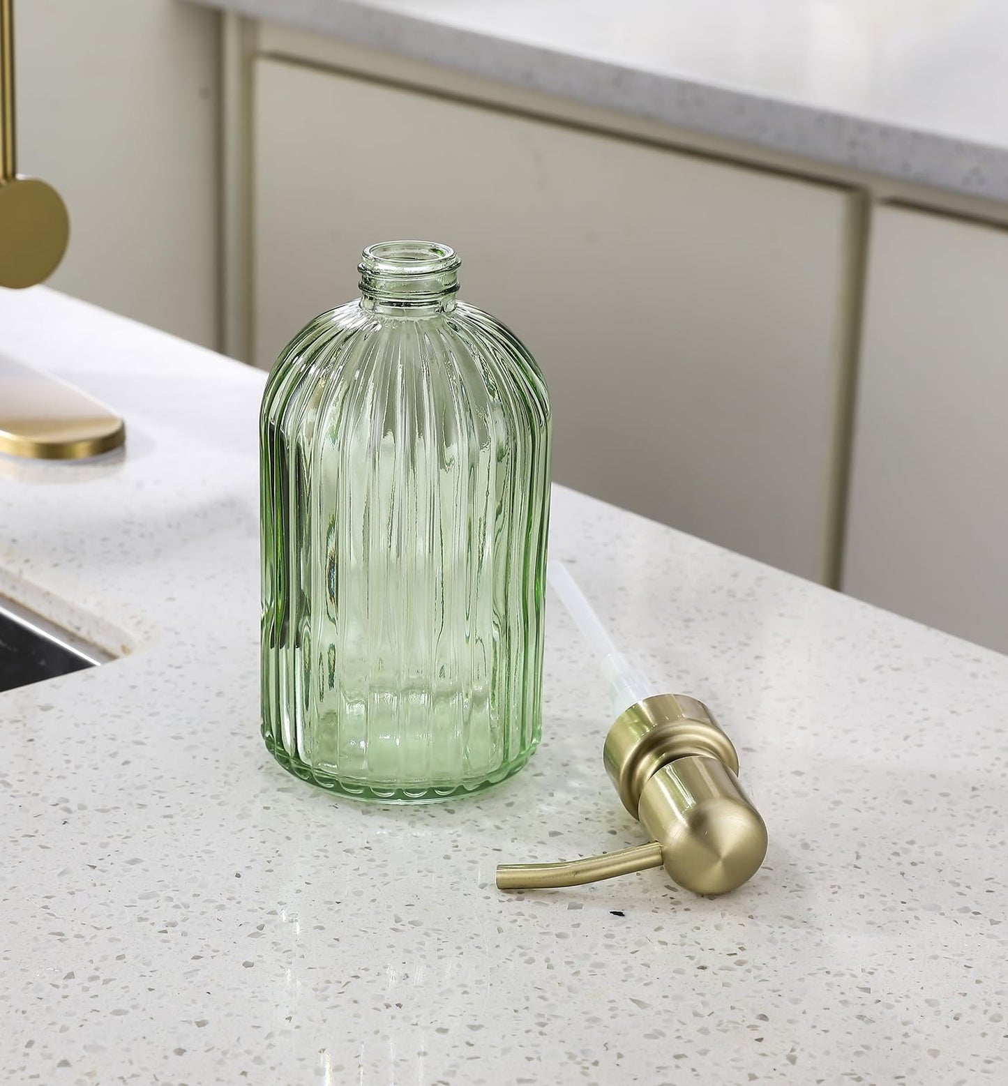 16Oz Green Glass Soap Dispenser with Rust Proof Stainless Steel Pump, Green Stripe Bathroom Hand Dish Lotion Dispensers with Brushed Gold Pump,Brushed Gold Glass Soap Dispenser2 Packs