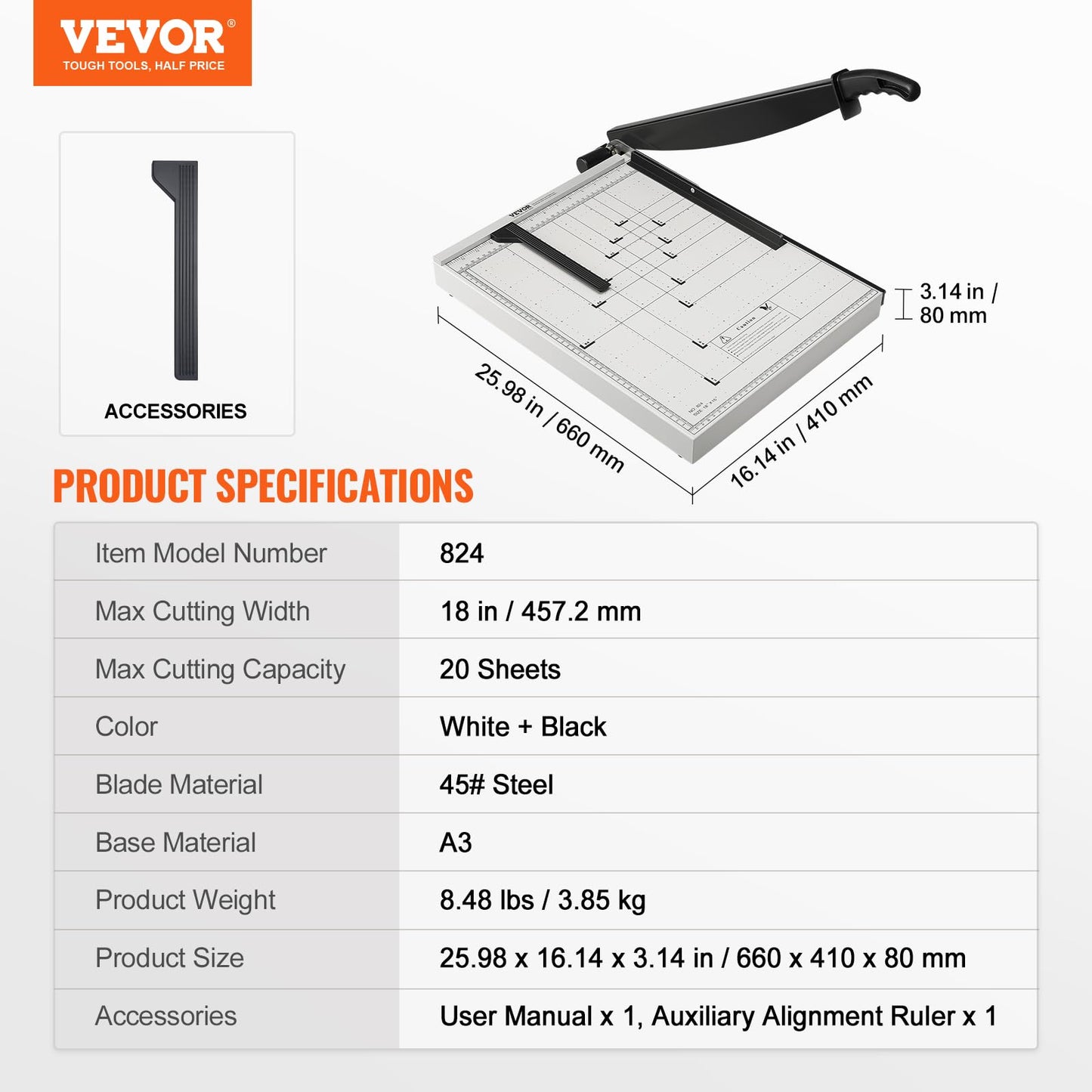 VEVOR Paper Cutter, Guillotine Trimmer, 18" Cut Length, 15 Sheets Capacity, Heavy Duty Guillotine Paper Cutter with Guard Rail/Blade Lock for Cardstock/Cardboard, Paper Trimmer for Home Office School