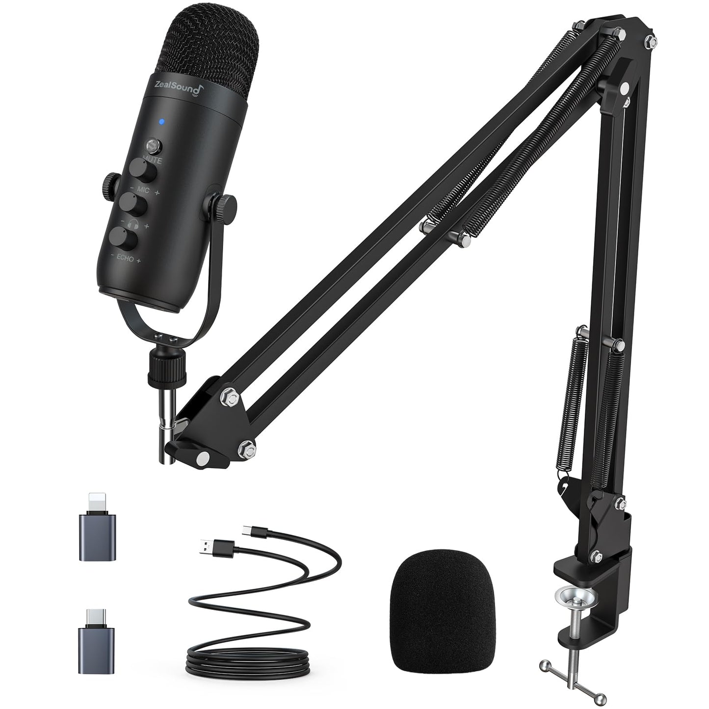 USB Gaming Microphone,ZealSound Noise Cancellation Mic Kit for Phone PC Computer Tablet with Boom Arm Stand,Podcast Condenser Mic set,Mute Button,Echo&Volume Gain Knob,Monitor,Streaming Recording ASMR