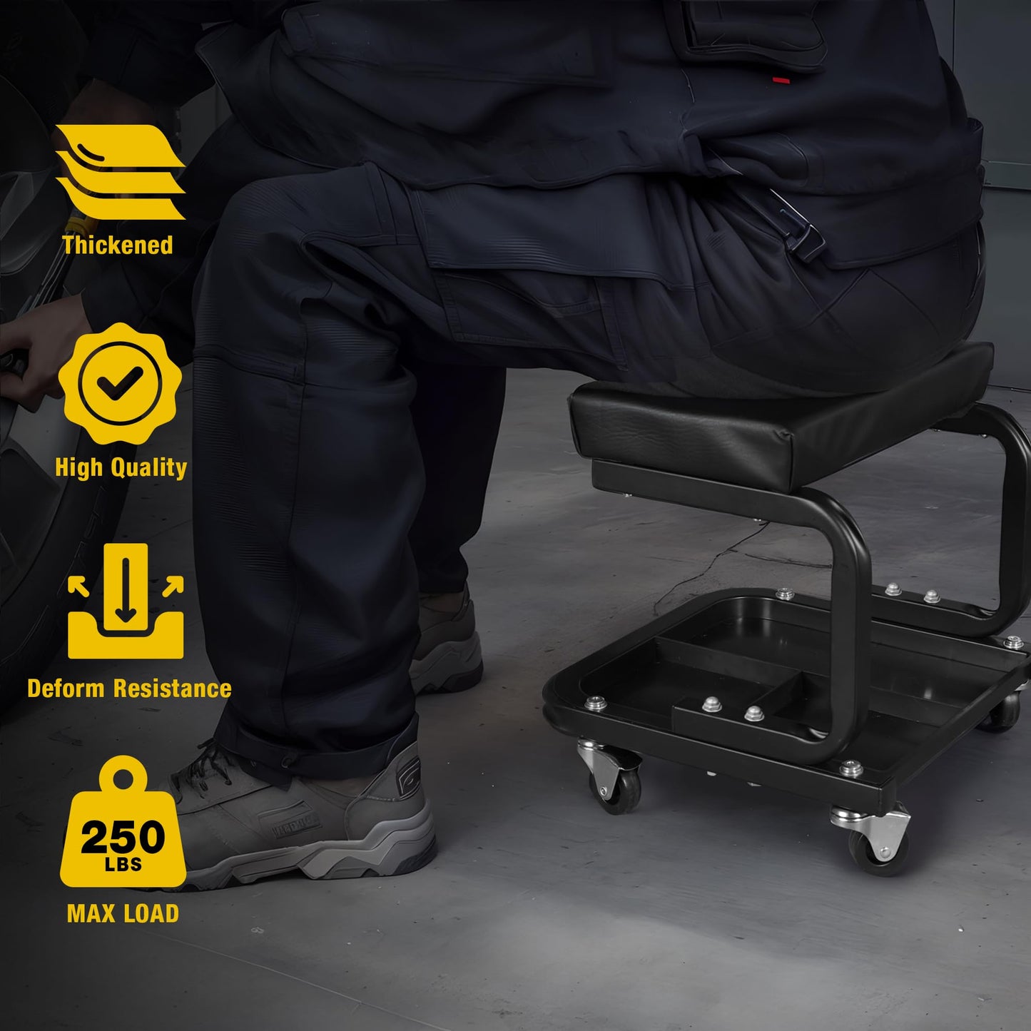 YELLOW JACKET Rolling Stool with Wheels 250 LBS Capacity, Shop Mechanic Stool Garage Seat with Tool Tray Storage Workshop Chair for Garage, Shop, Auto Repair