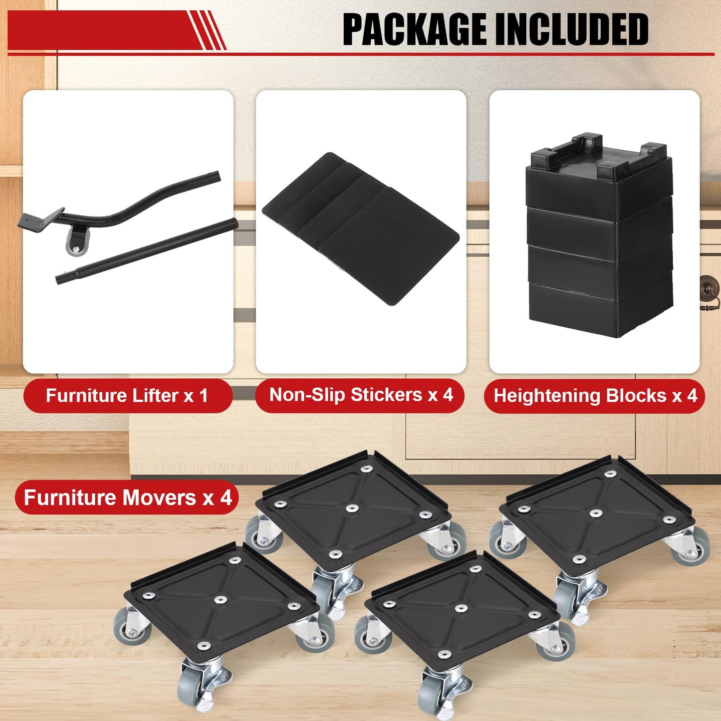 FLKQC Furniture Moving Dolly Sliders, Furniture Lift Mover with 360° Rotatable and Lockable Wheels Furniture Lift Mover Tool Set for Moving Heavy Furniture, Appliances, Maximum 1763 Lbs Capacity