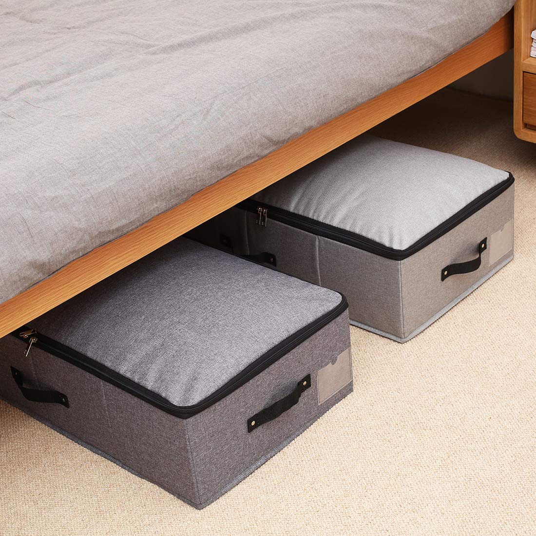 AMJ [2 Pack] Foldable Under Bed Storage Bags Basket Container with Durable Fabric for Shoes, Clothes, Blanket Organizers, Comforter, Black Grey