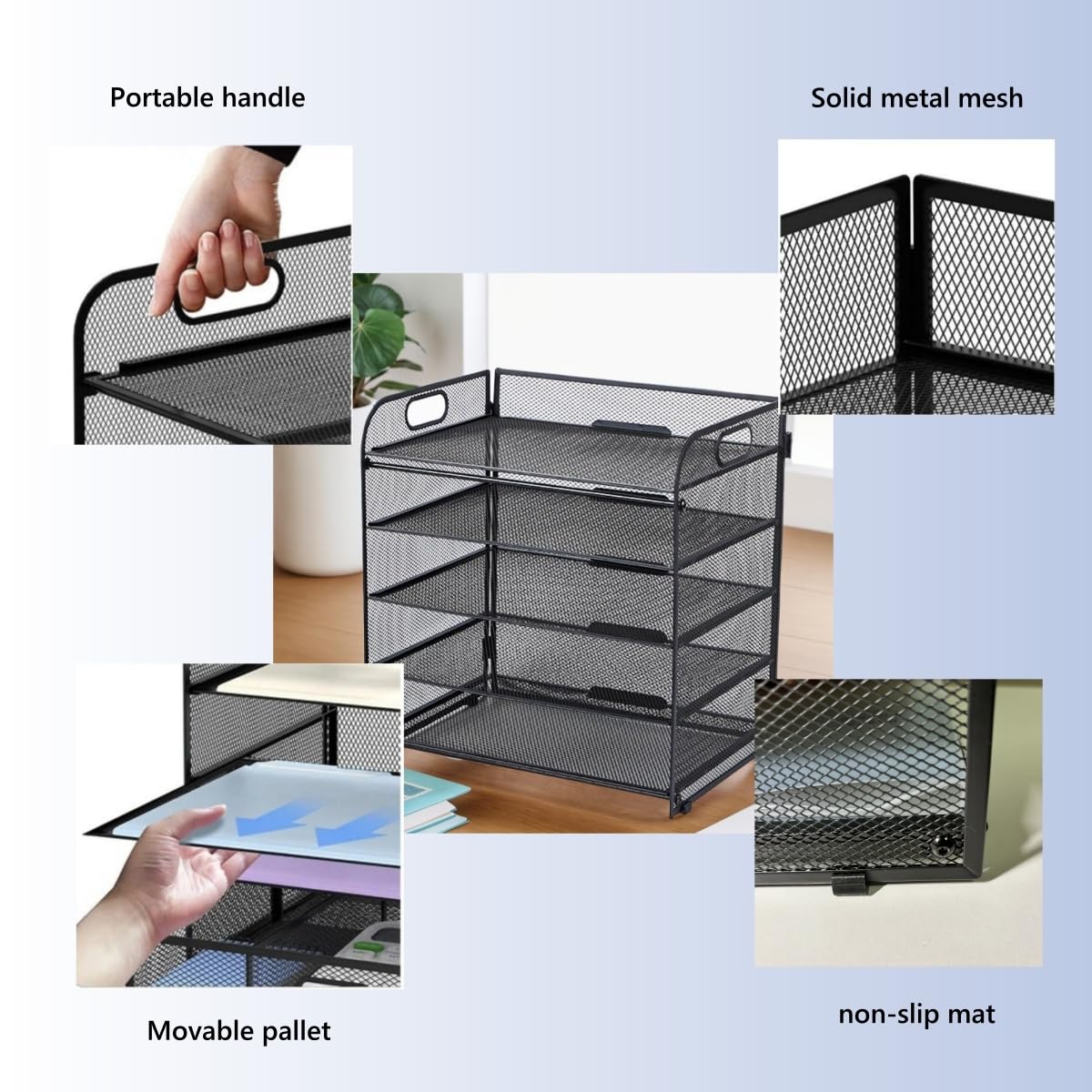 ECIC 5 Trays Paper Organizer Letter Tray with Handle-Mesh Desk File Organizer, Paper Sorter for Office, Home or School, Black