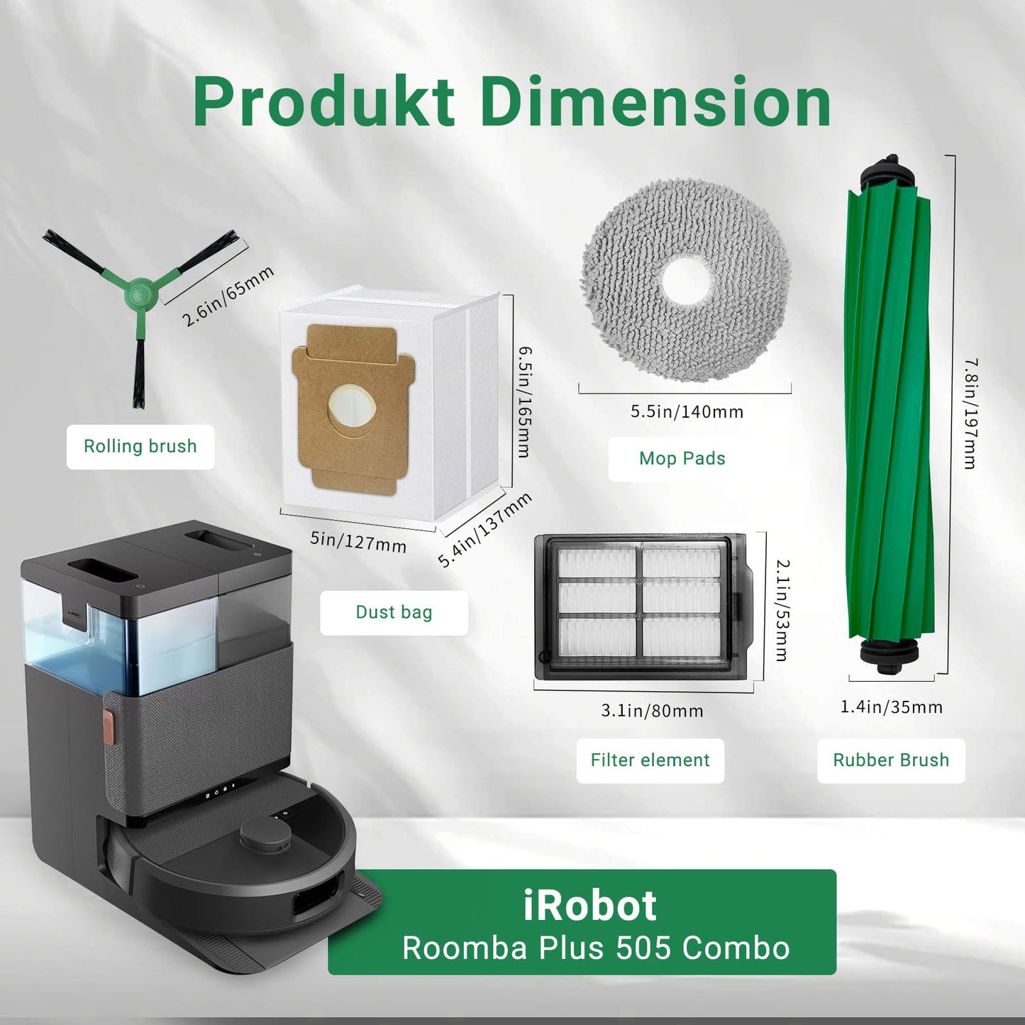 Replacement Parts Kit for iRobot Roomba Plus 505/405 Combo Robot Vacuum Cleaner :2 Roller Brush, 6 Mop Pads, 6 Hepa Filters, 8 Side Brush, 6 Vacuum Bags Accessories