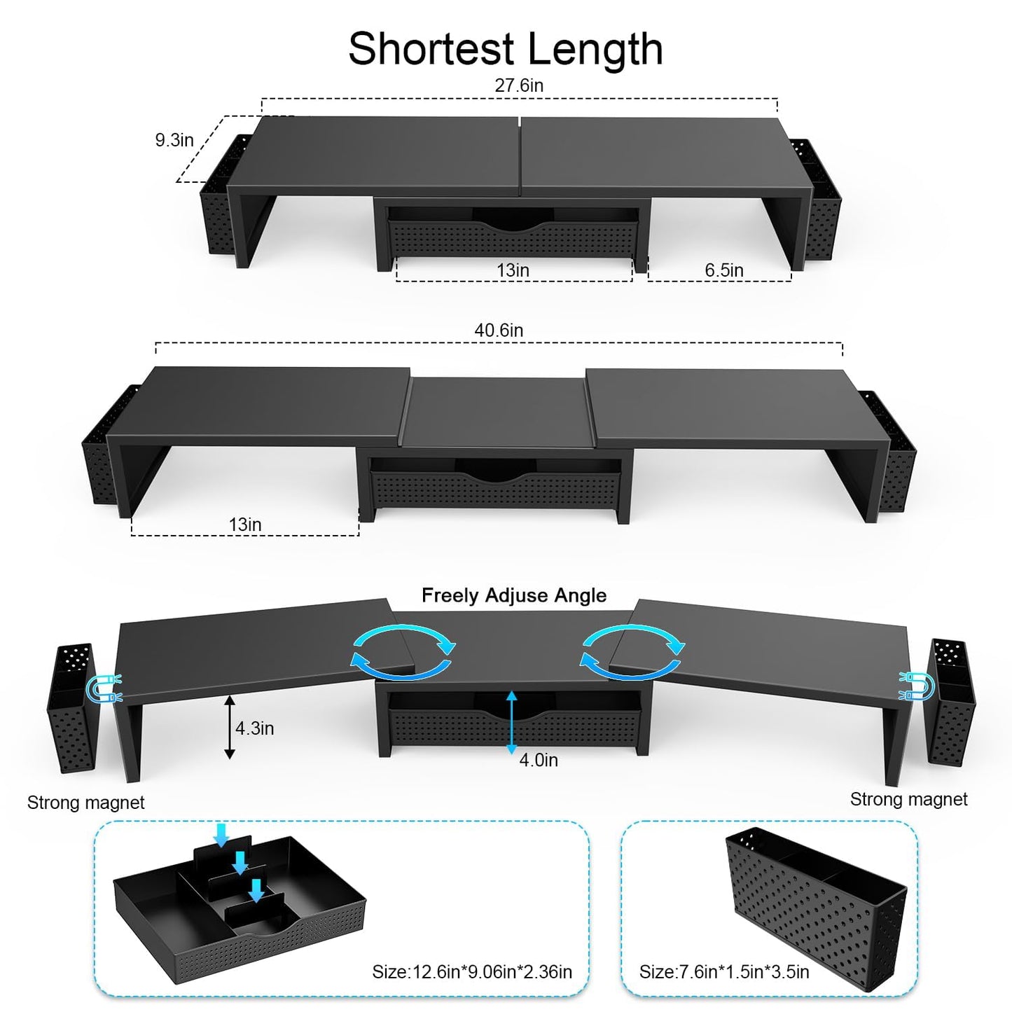 Dual Monitor Stand Riser, Metal Desk Accessories with Drawer and 2 Pen Holder, Adjustable Length and Angle - Computer Monitor Stand for Screen, Computer, Printer (Black)
