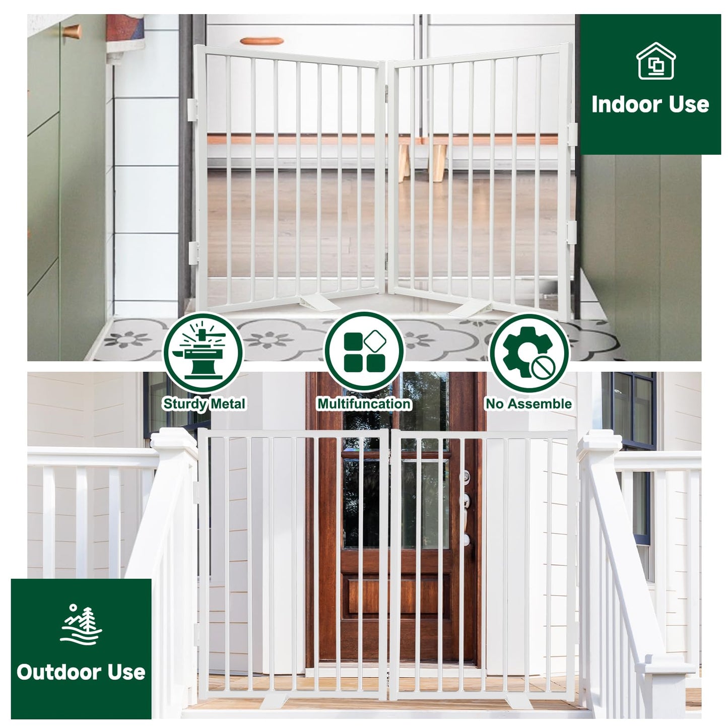 Snagle Paw Full Metal Freestanding Dog Gate,Indoor Outdoor Pet Gate with Floor Protect Support Feet, 40x32 Inches Foldable Dog Fence for Stairs, Hallways and Doorways (32'' H 2 Panel, White)