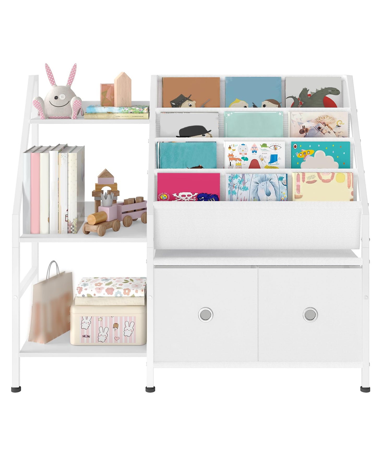 CHOEZON Kids Bookshelf and Toy Storage, 4-Tier Sling Bookshelf for Kids, Kid Book Shelf with 3-Tier Storage Shelf and 2 Drawers, Toddler Bookshelf for Kids Room, Nursery, Classroom, White TCW10WB