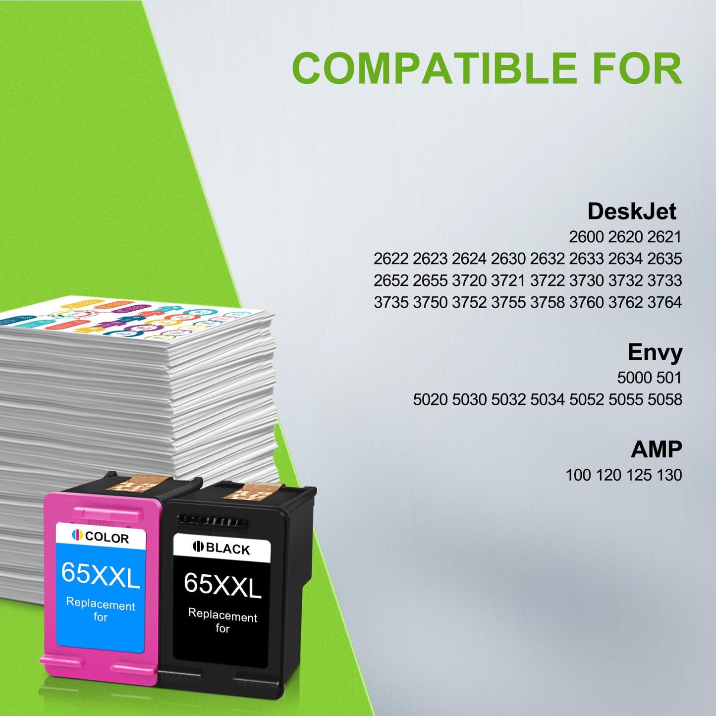 65XXL Ink Cartridges Replacement for HP 65 65XL Ink Works for DeskJet 2600 3755 2655 3700 Envy 5052 5000 5010 Printer (1 Black, 1 Tri-Color)