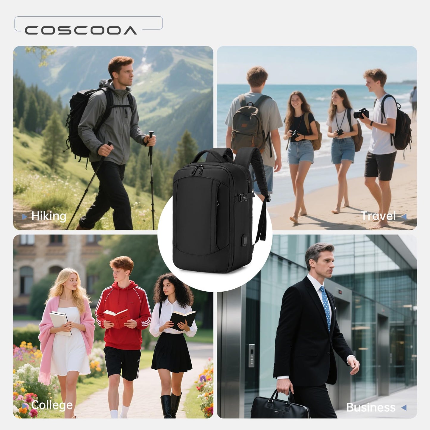 COSCOOA Expandable Travel Backpack 20-30L,United Airlines Personal Item Bag 17x10x9 inch, Ryanair 40x20x25 CM Carry on Bag, Black, 40x25x20 cm
