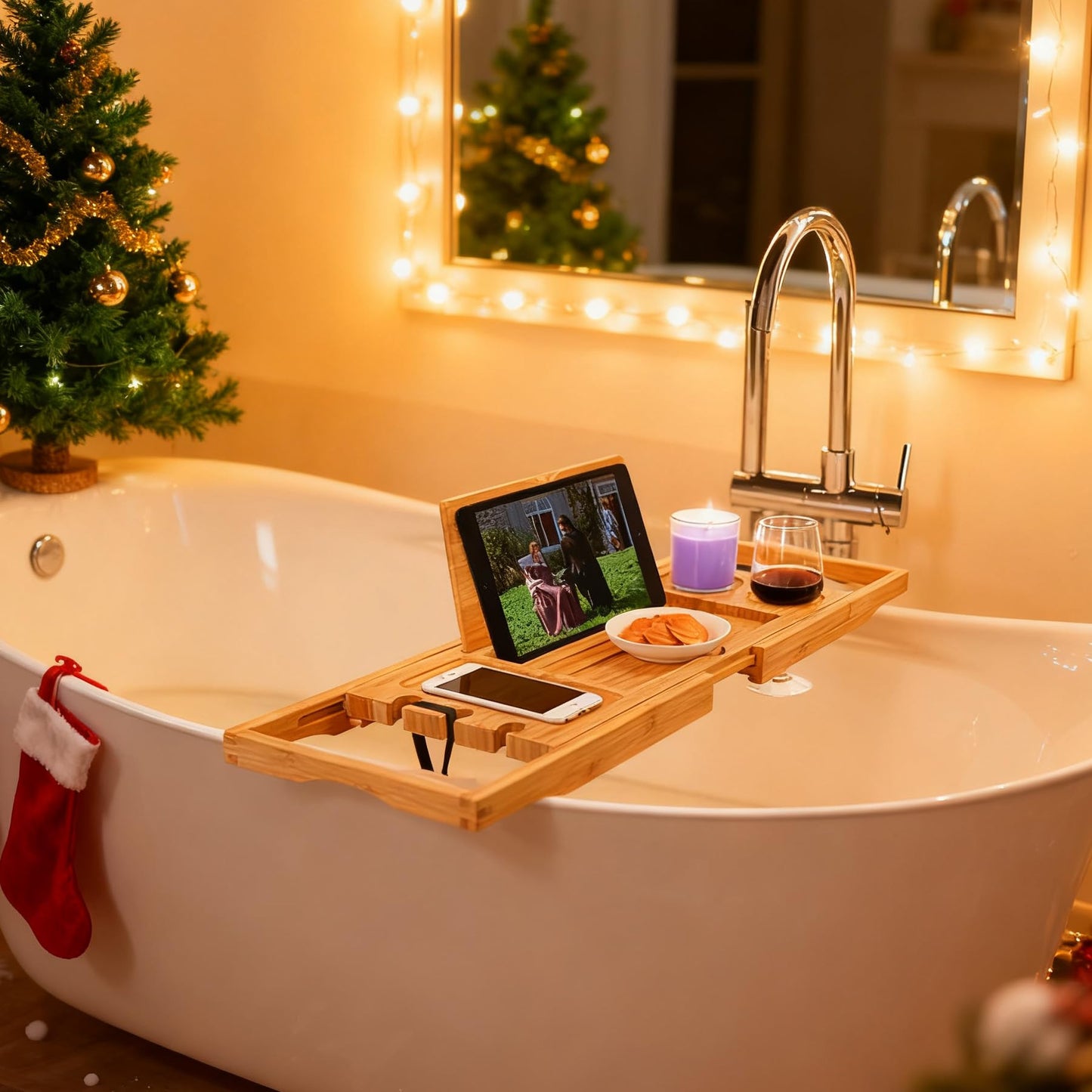 Utoplike Bamboo Bathtub Trays Caddy Bath Tray for Tub, Adjustable Bathroom Bathtub Organizer with Book Tablet Wine Cup Towel Holder, Bathroom Trays
