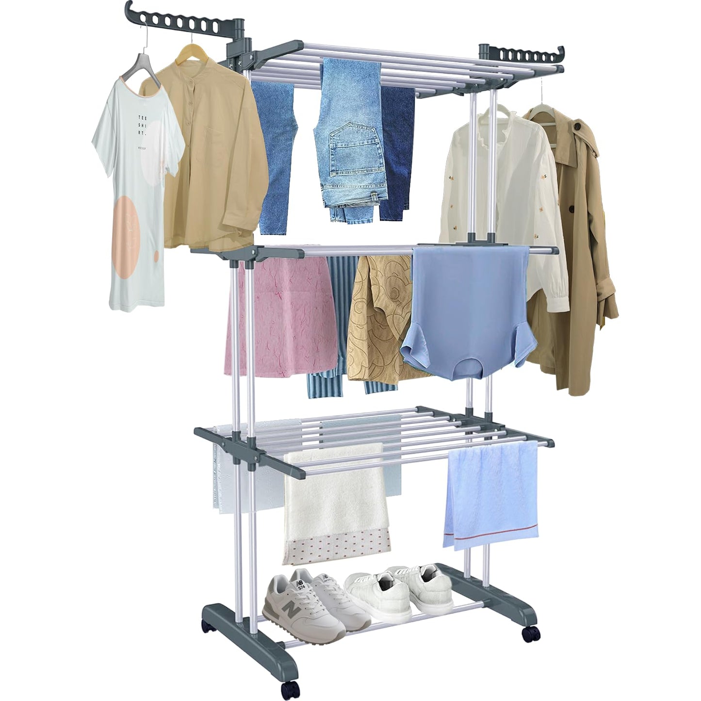 NEWBUY Clothes Drying Rack 4-Tier Foldable Laundry Drying Rack Rolling Clothing Hanger Stainless Steel for Indoor Outdoor Use Space-Saving (Grey)