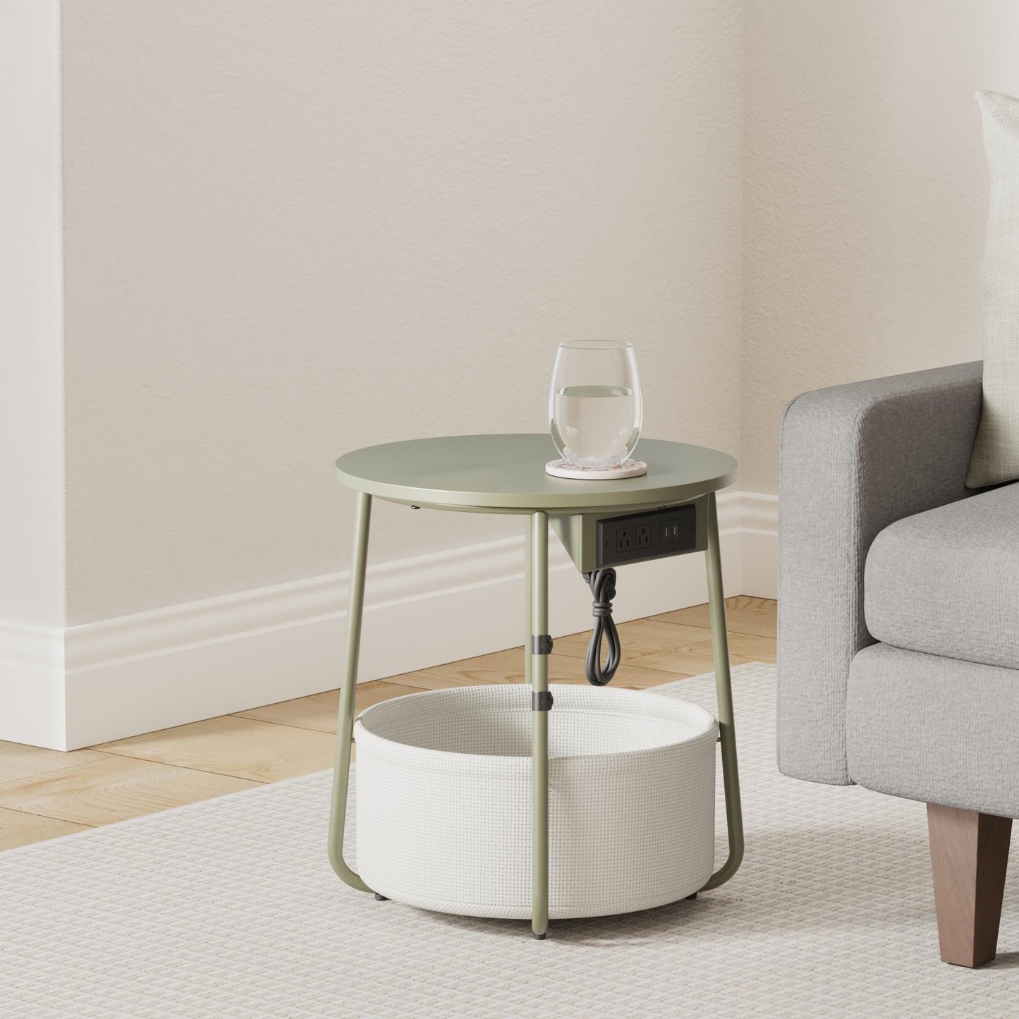 VASAGLE LILEA Collection - Small Round Side End Table with Charging Station, Modern Nightstand with Fabric Basket, USB Ports, Forest Green and Cream White ULET228C04