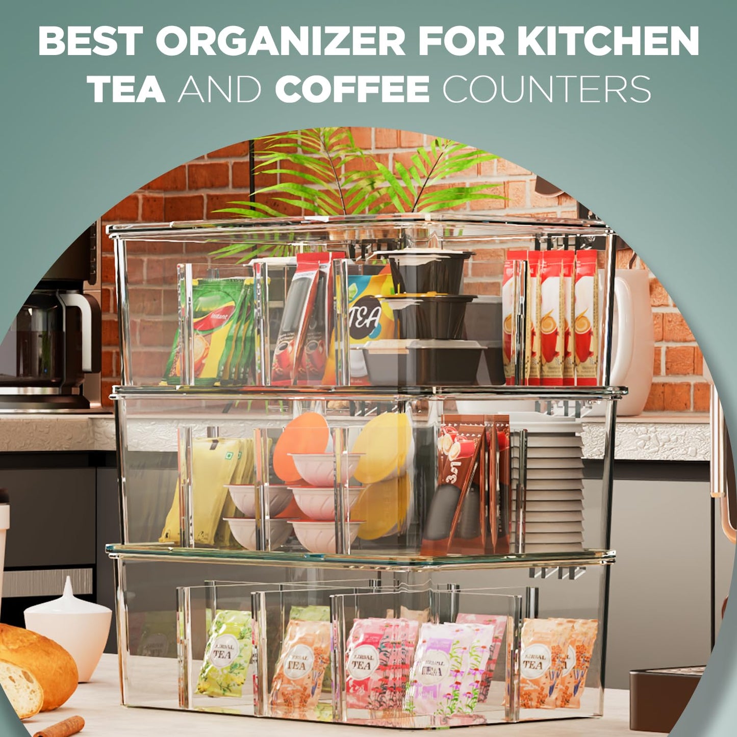 Kichly 3 Pack Tea Bag Organizer - Stackable Acrylic Tea Bag Organizer with Clear Plastic Storage for Kitchen & Pantry, Perfect for Coffee Packets, Sugar, Snacks, Herbs, and Spices (Clear)