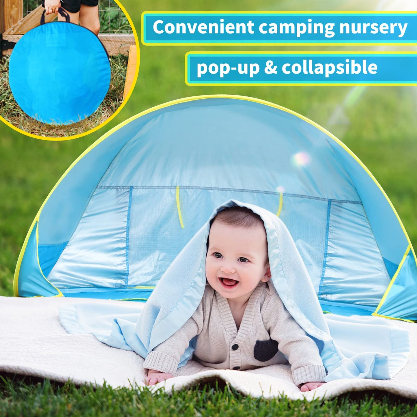 Baby Beach Tent Pop Up Shade with Infant Pool Cabana UV Protection Waterproof Sun Shelter Umbrella for Baby (Blue)
