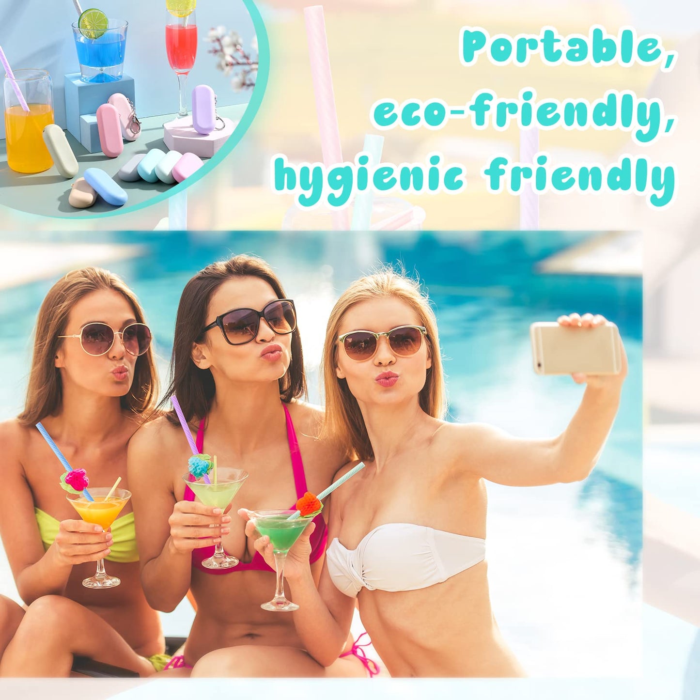 Rtteri 50 Sets Reusable Foldable Silicone Straws Travel Collapsible Portable Straws with Case Long Cleaning Brushes and Keychain for Home Party Travel Picnic Cold Hot Drink