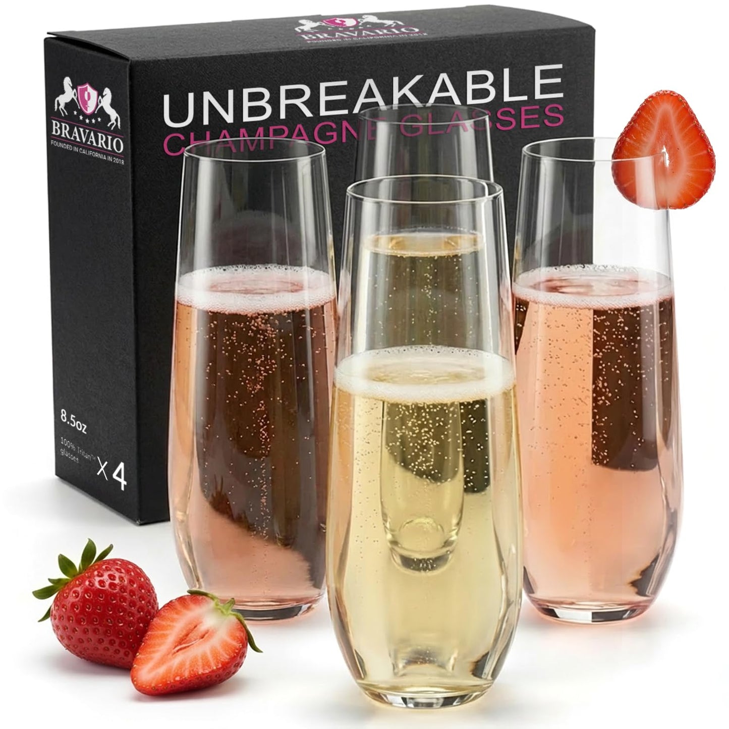 Bravario Unbreakable Stemless Plastic Champagne Flutes | Shatterproof 100% Tritan Plastic Glasses | Reusable | BPA-Free | 8.5 oz, Set of 4