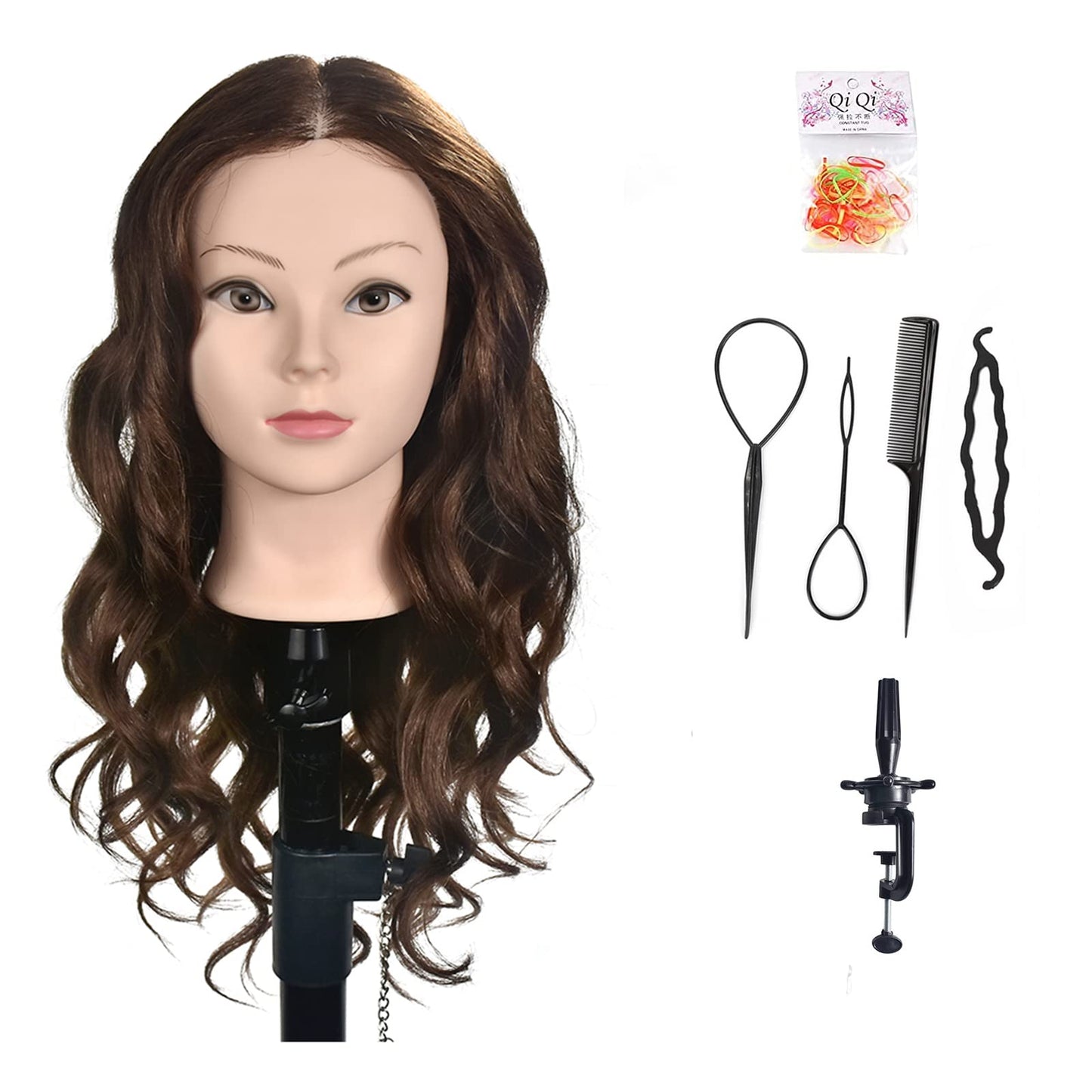 Ba Sha 20"-22" Mannequin Head with Human Hair Cosmetology Training Head Practice Head Styling Dye Cutting Manikin Head with a Free Table Clamp Holder