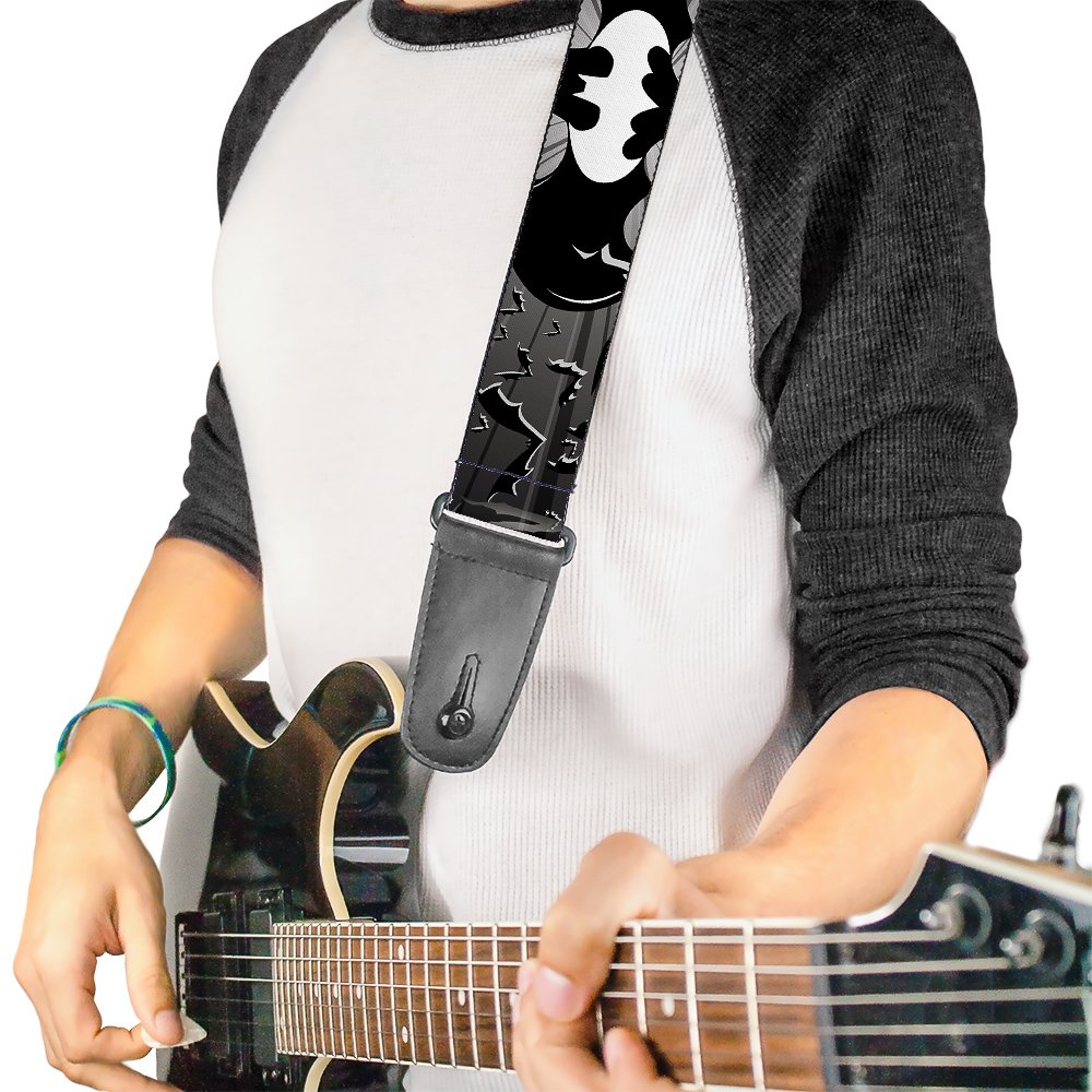 Buckle-Down GS-WBM036 Guitar Strap - BATMAN w/Bat Signals & Flying Bats Black/White - 2" Wide - 29-54" Length