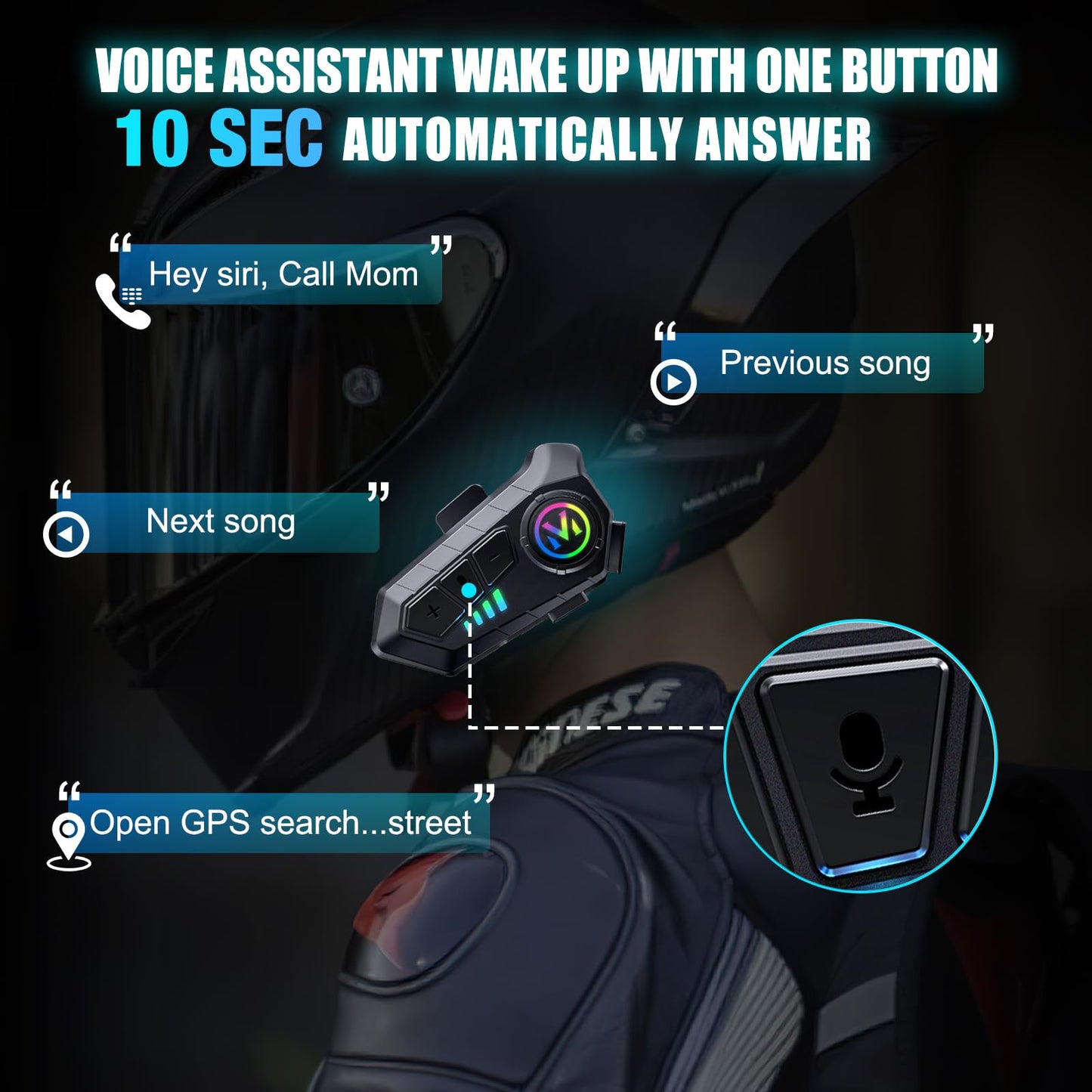 Motorcycle Helmet Speakers - Super Long Battery Life, Helmet Headphones Single Use Headset with Soft/Hard Mic,IPX6 Automatic Answer/Music Control/Intelligent Noise/Wake up Siri - Y-M10
