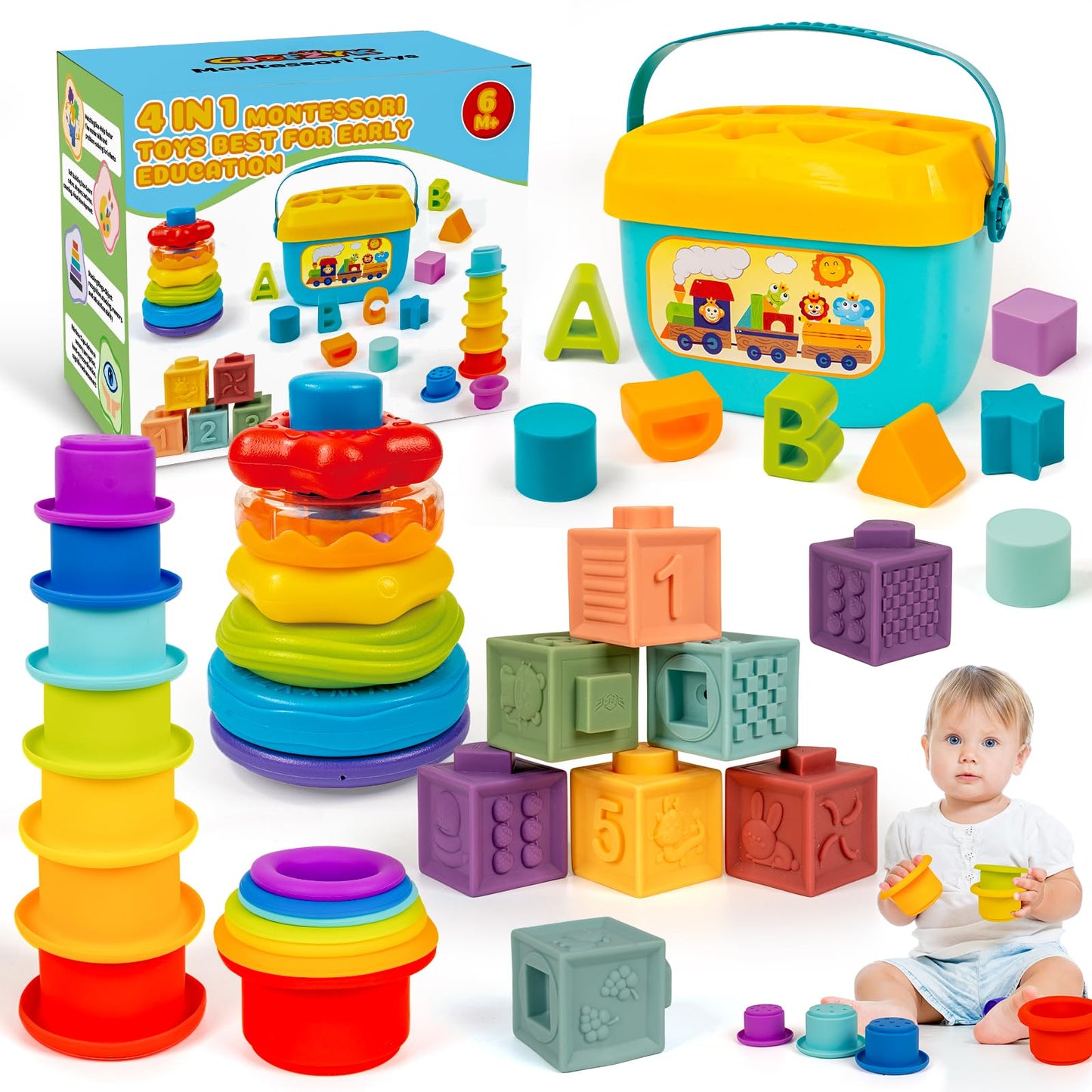 Montessori Baby Toys for Ages 6–18 Months with Sensory Shape Sorter Matching Game Toy Stacking Ring Soft Building Blocks Developmental Learning Toys for Toddlers 1+ Year Old