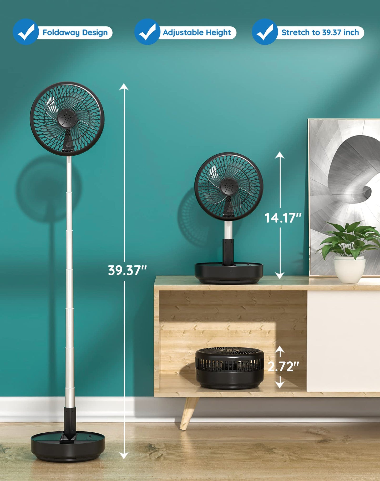 Primevolve Portable Rechargeable Oscillating Fan, Battery Operated USB Floor Table Desk Fan with Remote, Adjustable Height, 4 Speed Settings Fans for Bedroom, Black 8"