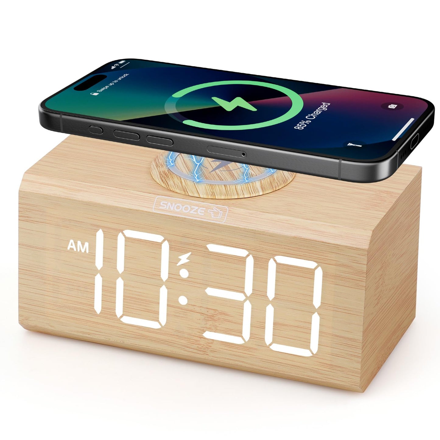 Acedeck Wooden Alarm Clock with Wireless Charging: 15W Fast Wireless Charger for iPhone Samsung - Dimmable Dual Alarm Clock with Large Numbers for Bedroom Beside Desk - Wood Decor & Gifts - Bamboo