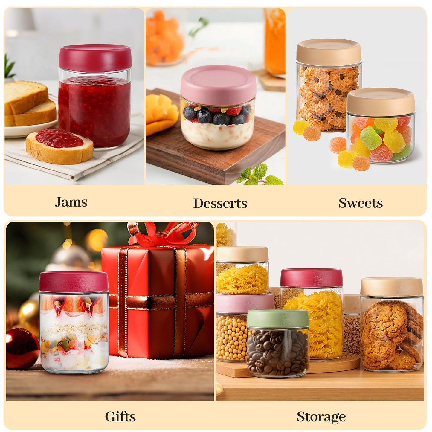 TBWIND 12 Pack 4oz 10oz 16oz Glass Jars with Lids, Wide Mouth Mason Jars, Overnight Oats Containers with Airtight Lids, Salad, Yogurt Storage, Chia Pudding, Snacks, Meal Prep, Sugar - Reusable