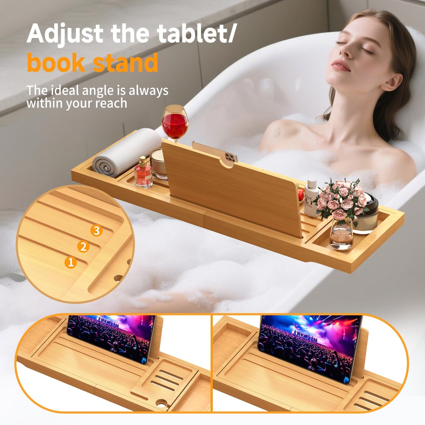 Premium Bamboo Bathtub Caddy Tray with Extending Sides, Adjustable Wood Bath Tray for Luxury Bath, Fits Most Tubs, Accessories Gift Idea Beige