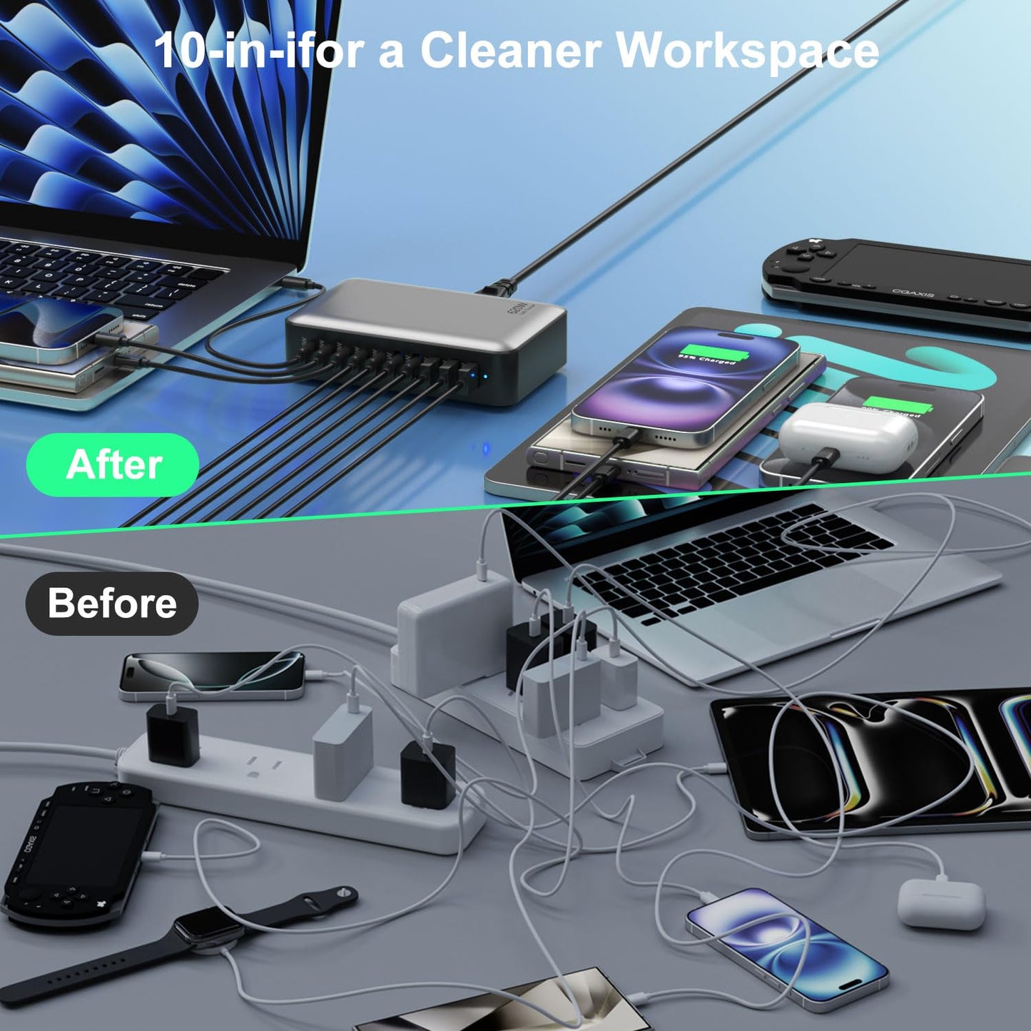 540W USB C Charging Station, 10-Port GaN Charger, 100W PD Fast Charging Hub Charger Adapter Compatible with MacBook Pro/Air,DELL,Steam Deck,iPhone 16 Pro Max/15/14/13,Galaxy