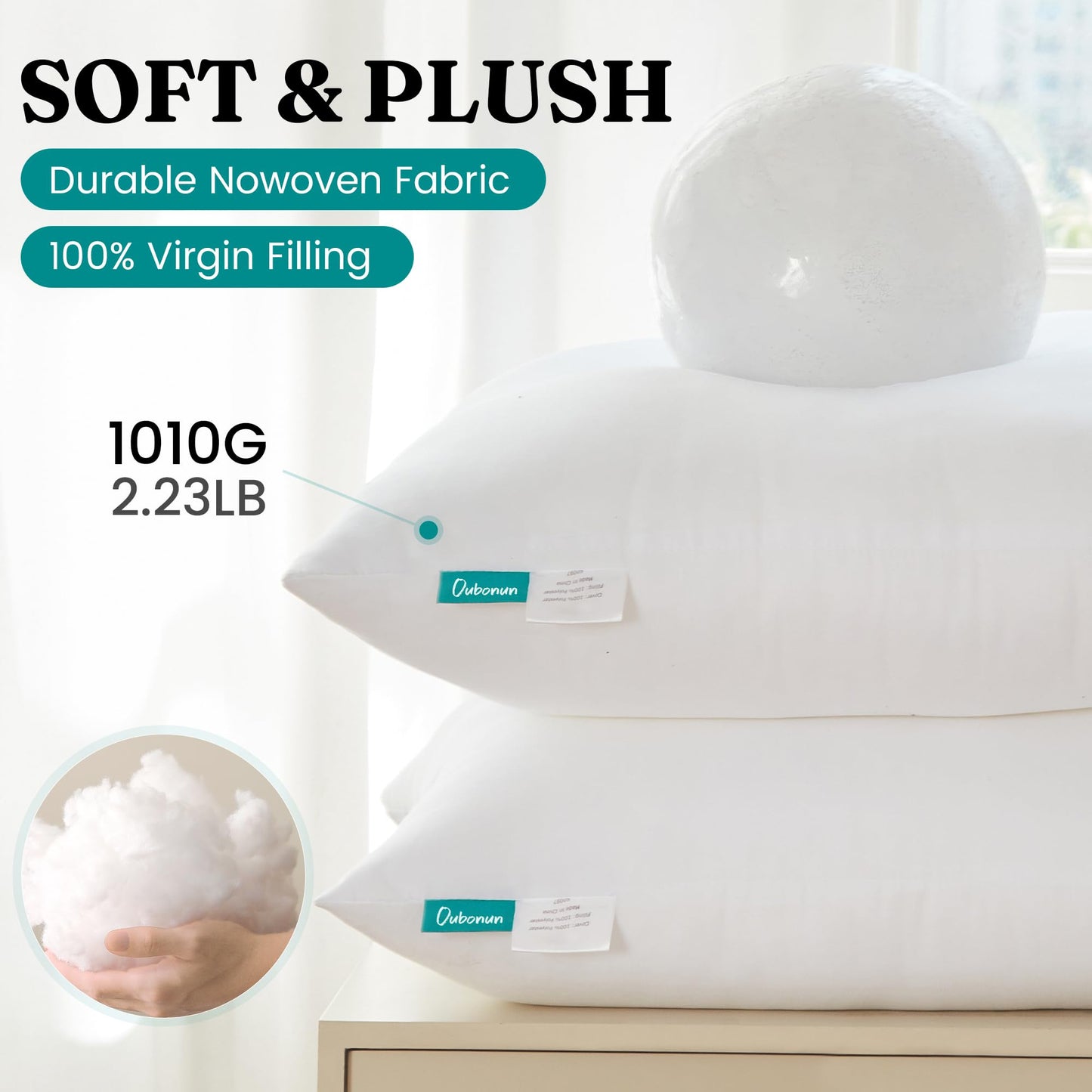 Oubonun 24 x 24 Throw Pillow Inserts - Soft, Plush & Decorative Down Alternative Pillows for Couch Sofa Bed, Machine Washable - White, Pack of 2