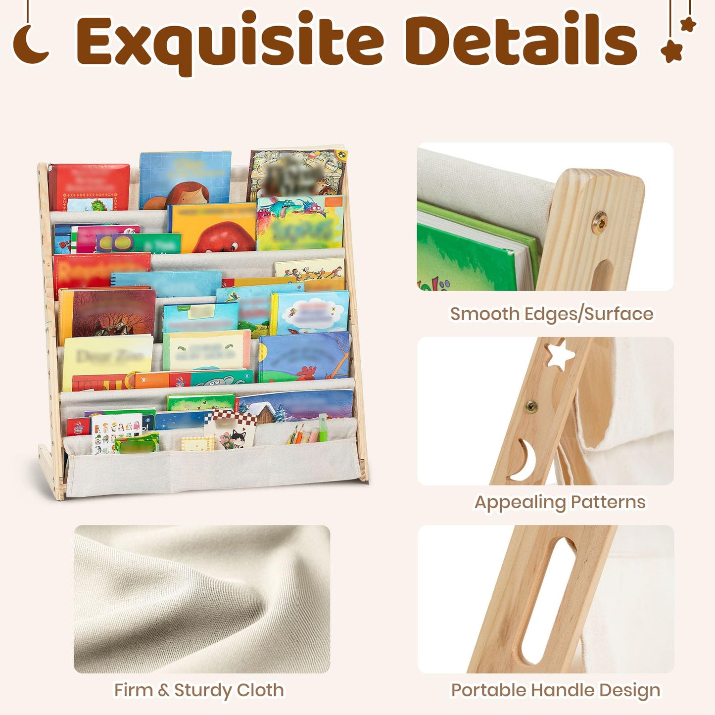 COSYLAND 6-Tier Kids Bookshelf - Toddler Book Display Shelves for Classrooms, Playrooms and Nursery - Wooden Book Shelf for Kids Rooms (Natural, 75 Cm Wide)