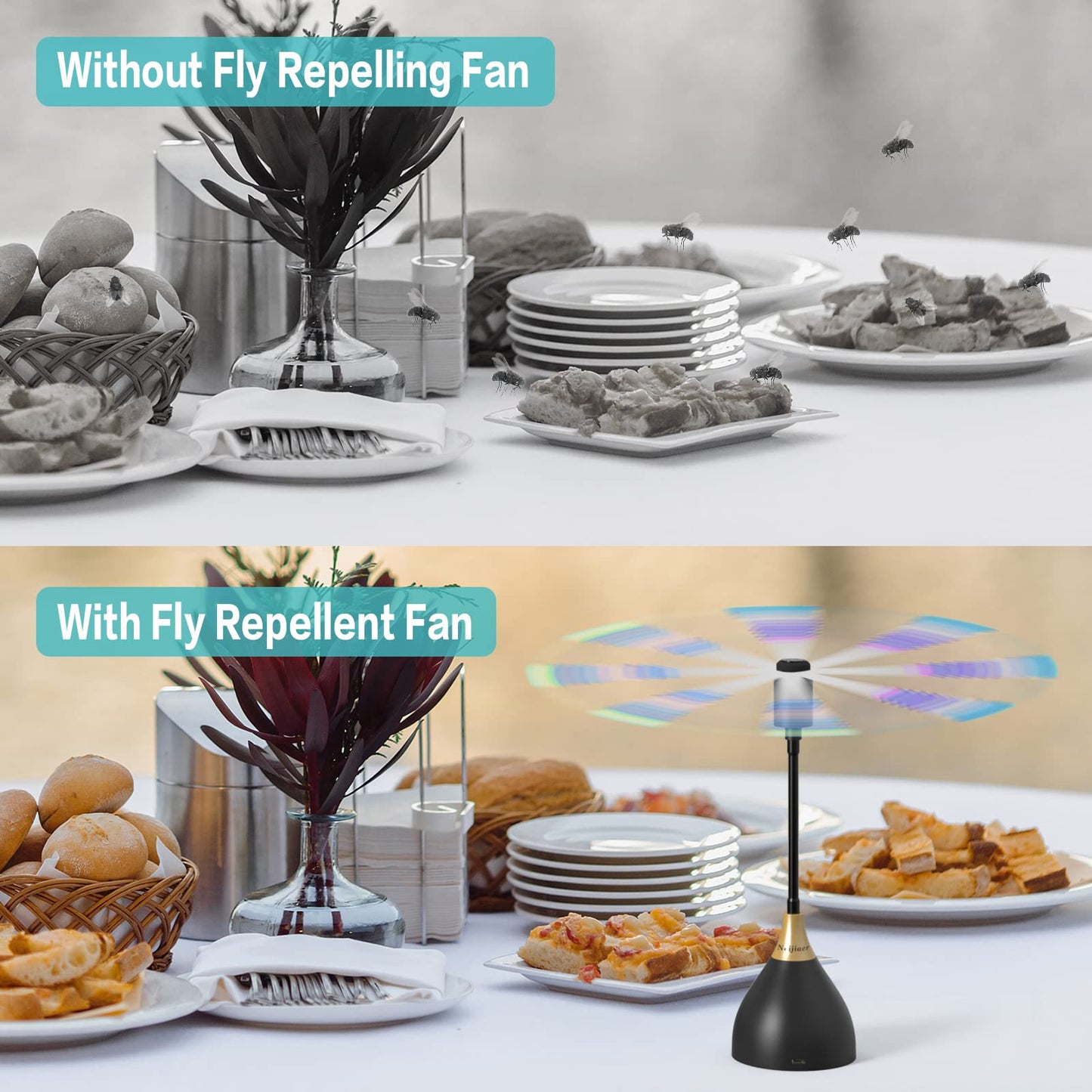 Neijiaer Fly Fans for Tables, USB or Batteries Powered, Soundless and Portable Fly Fan, Keeps Your Food Clean, Practical Fan with Soft Blades (Black 2 Packs)