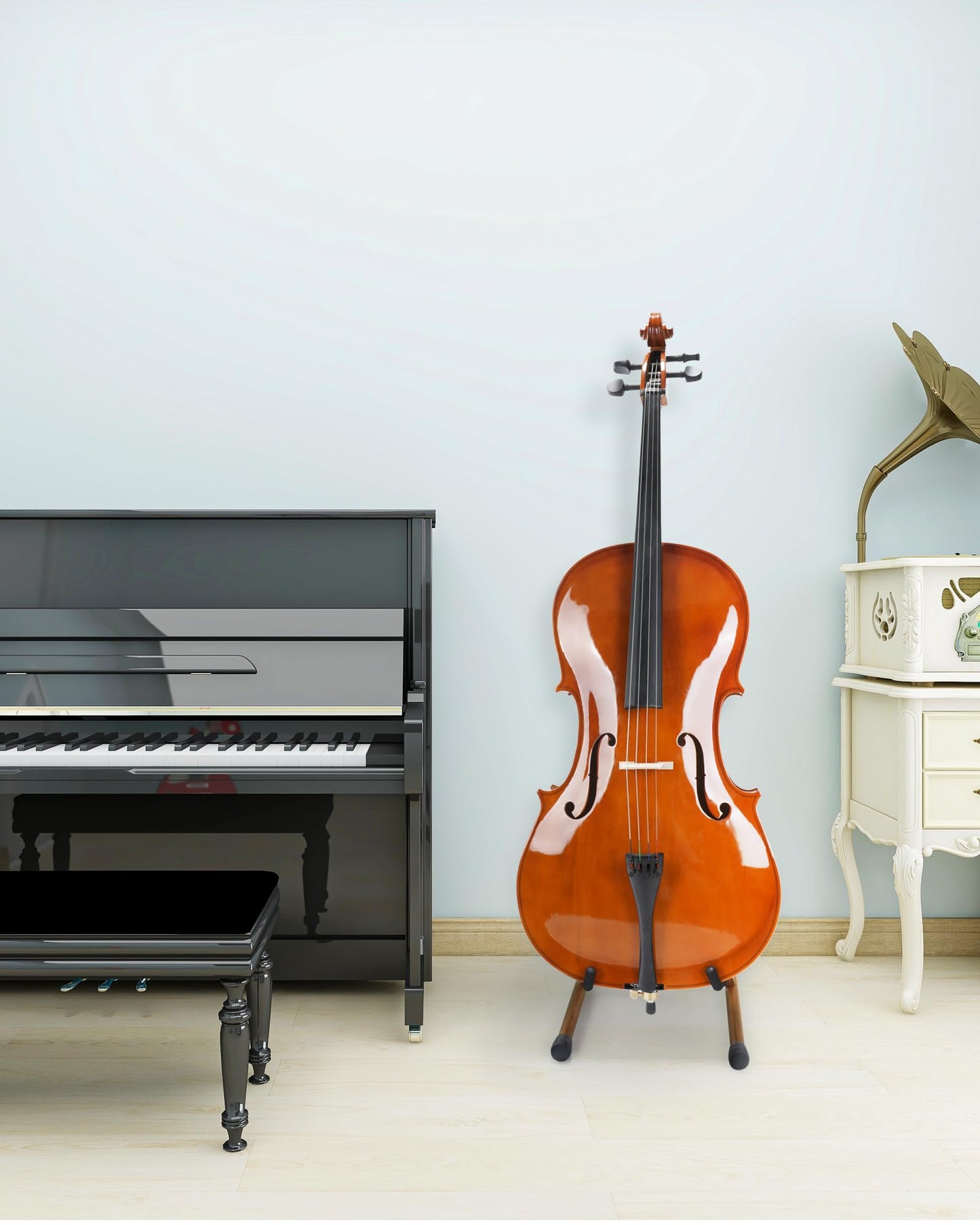 Musbeat Cello Stand, A-Frame Cello Stand with Bow Holder for Cello Display, Handcrafted Wooden Cello Stand with Padded Foam, Zebra Wood Floor Cello Stand for 1/2, 3/4, 7/8, Full-Size Cello, Guitar