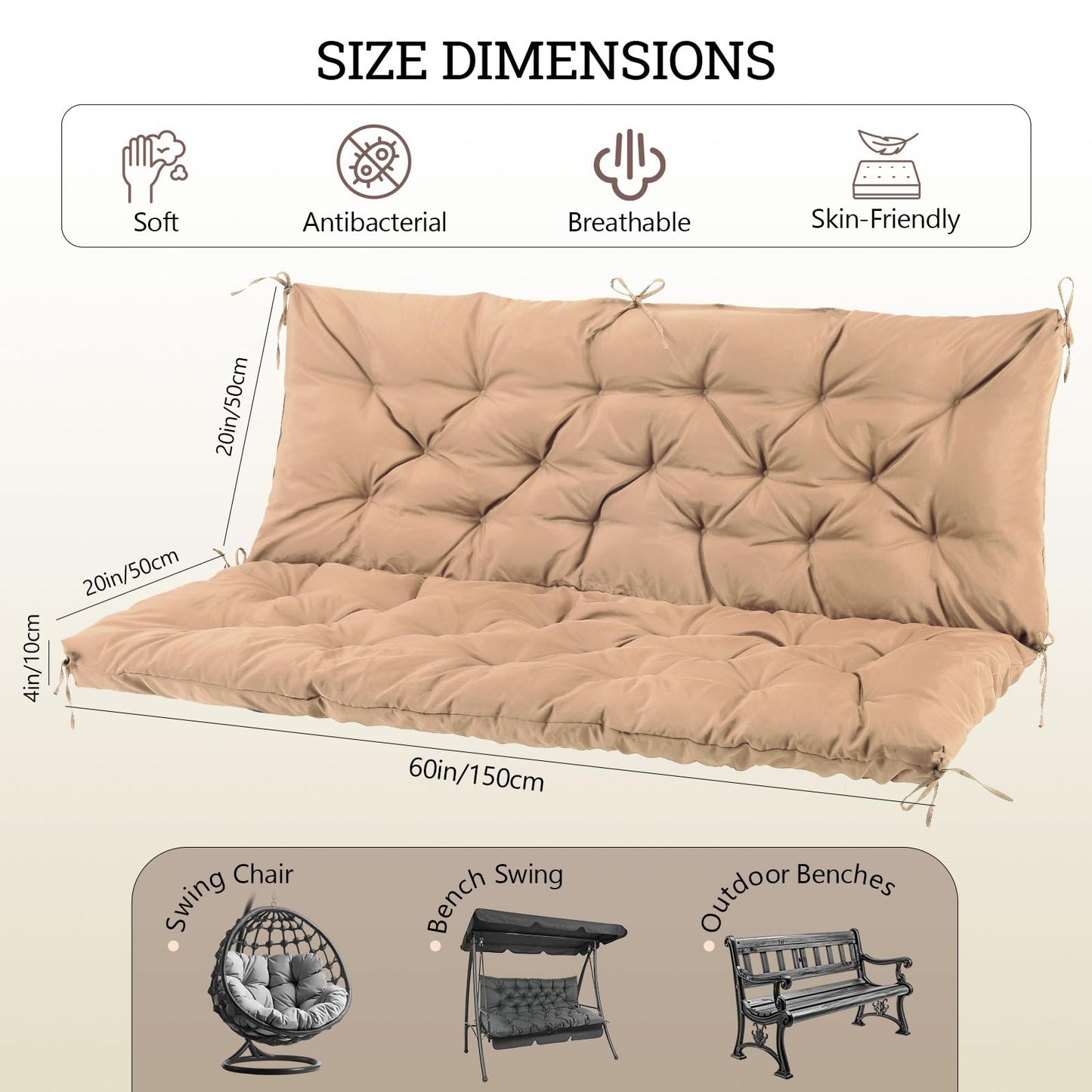 Matalde Outdoor Cushions for Patio Furniture, Patio Furniture Cushions with backrest and Straps, Khaki, 60x40 inches, 4" Thick,Porch Swing Cushions for Lawn, Backyard and Garden