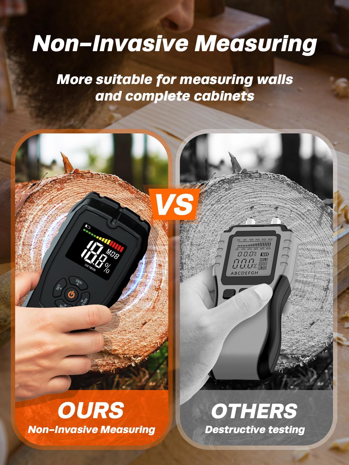 Pinless Moisture Meter, Moisture Detector for Walls, Caravan, Wood and Building Material, 4 Mode 9 Density Settings, Non-Destructive Moisture Detector with Backlit LCD and Alerts