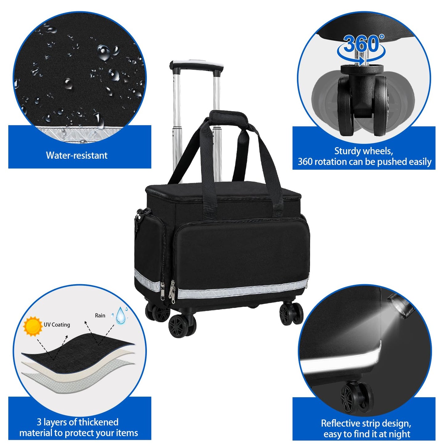 Gatycallaty Medical Trolley Bag with Wheels EMT EMS First Responder Nurse Home Health Bag Homecare Physician Traveling Field Trips Camping Hiking Scout Troop with Compartments Removable (Black)