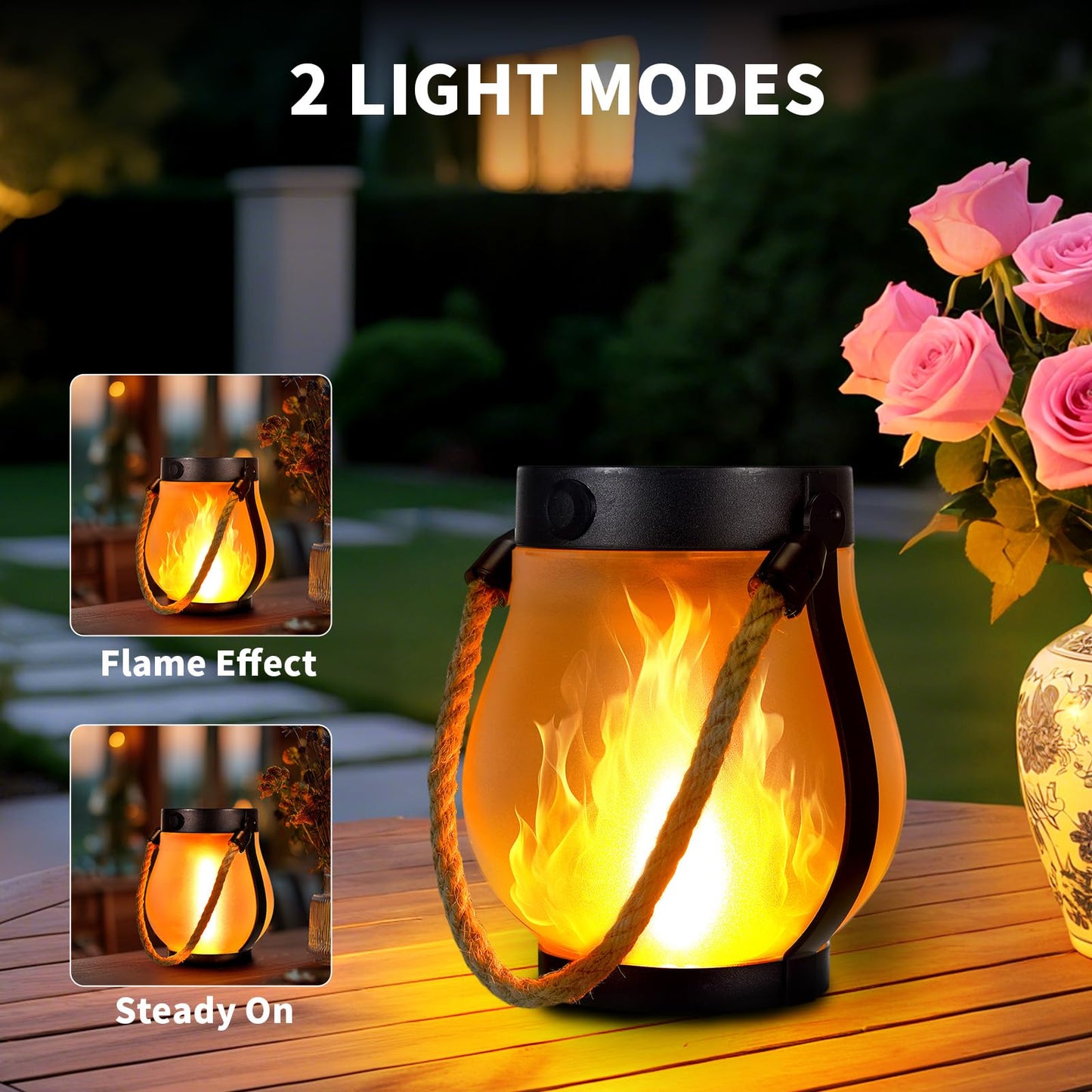 2 Pack Solar Flame Lantern Lights — Flickering Flame Hanging Lanterns Outdoor, Waterproof Garden Lights with 2 Modes Dual Charging USB & Solar Yard, Patio Decor